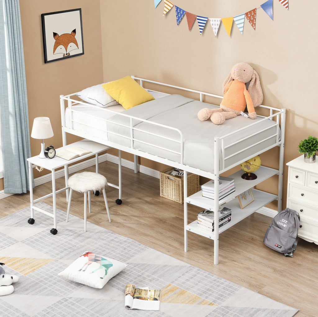 Mod White Twin Size Metal Loft Bed with Book Shelf and Roll Out Desk