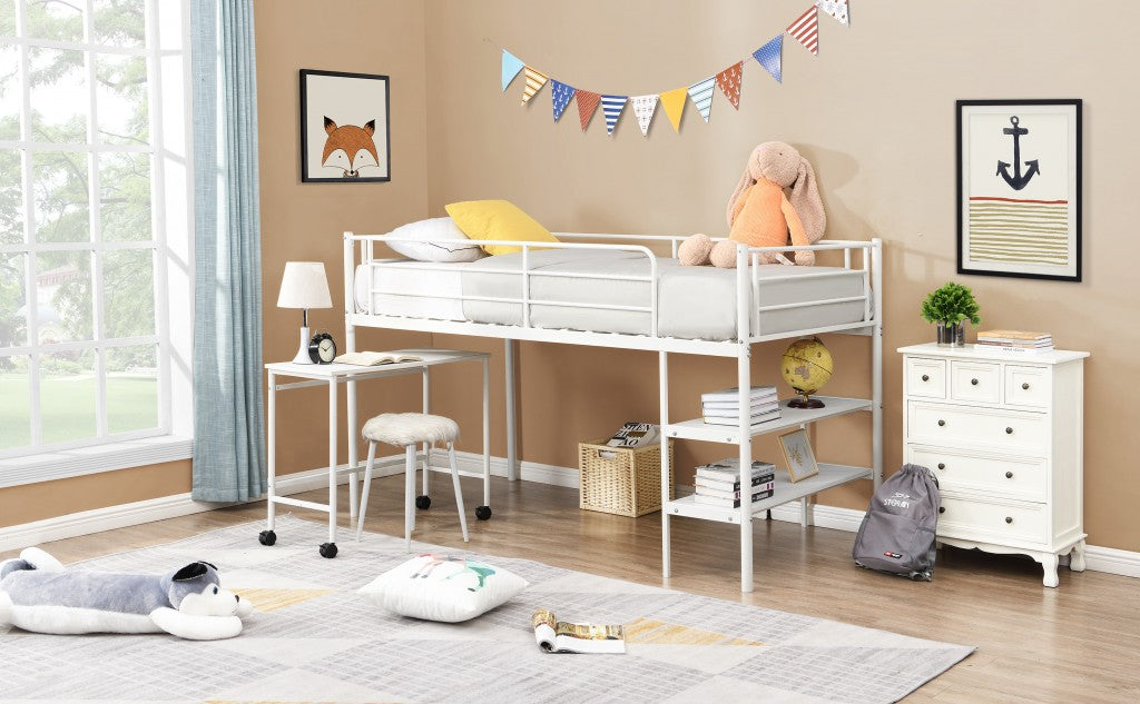 Mod White Twin Size Metal Loft Bed with Book Shelf and Roll Out Desk