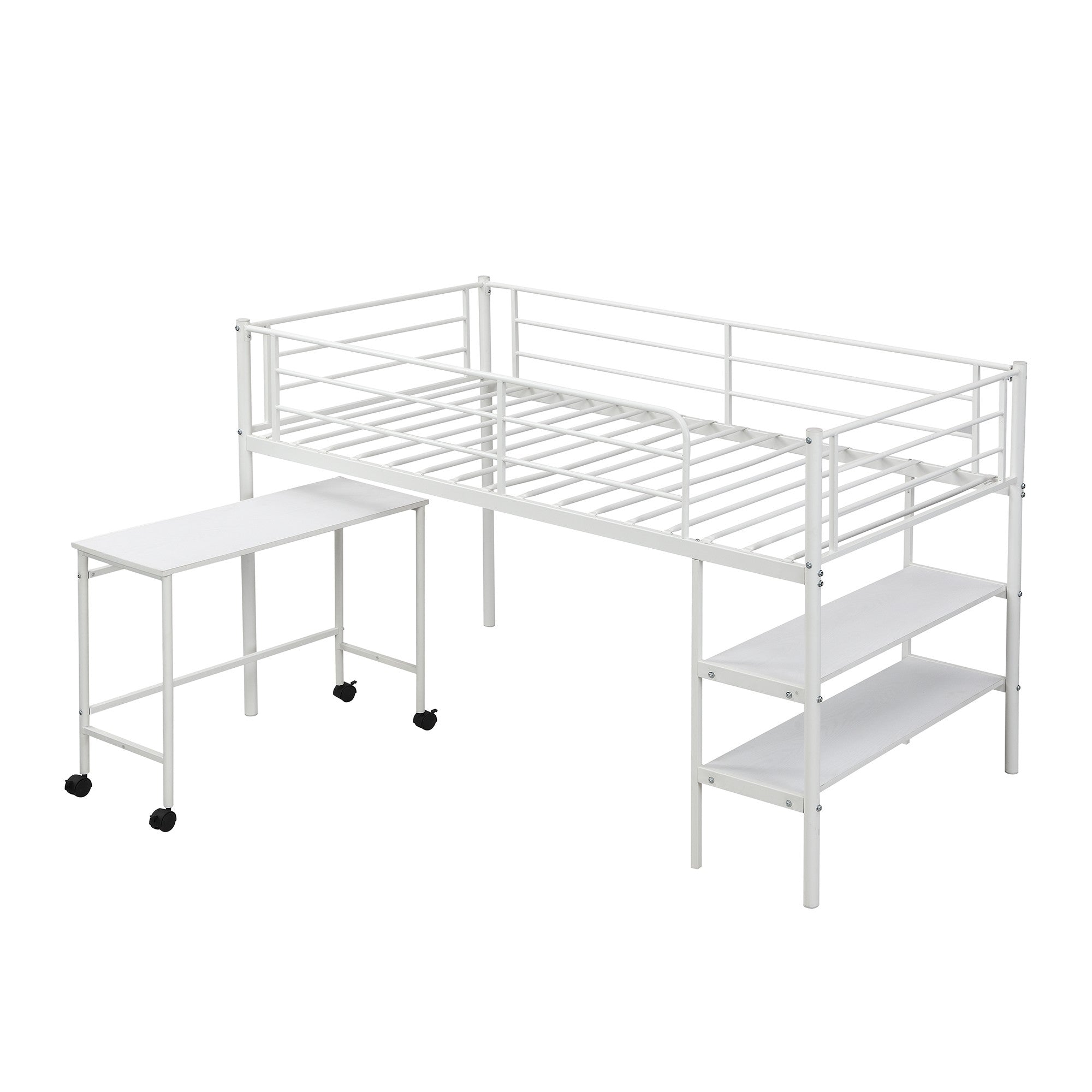 Mod White Twin Size Metal Loft Bed with Book Shelf and Roll Out Desk