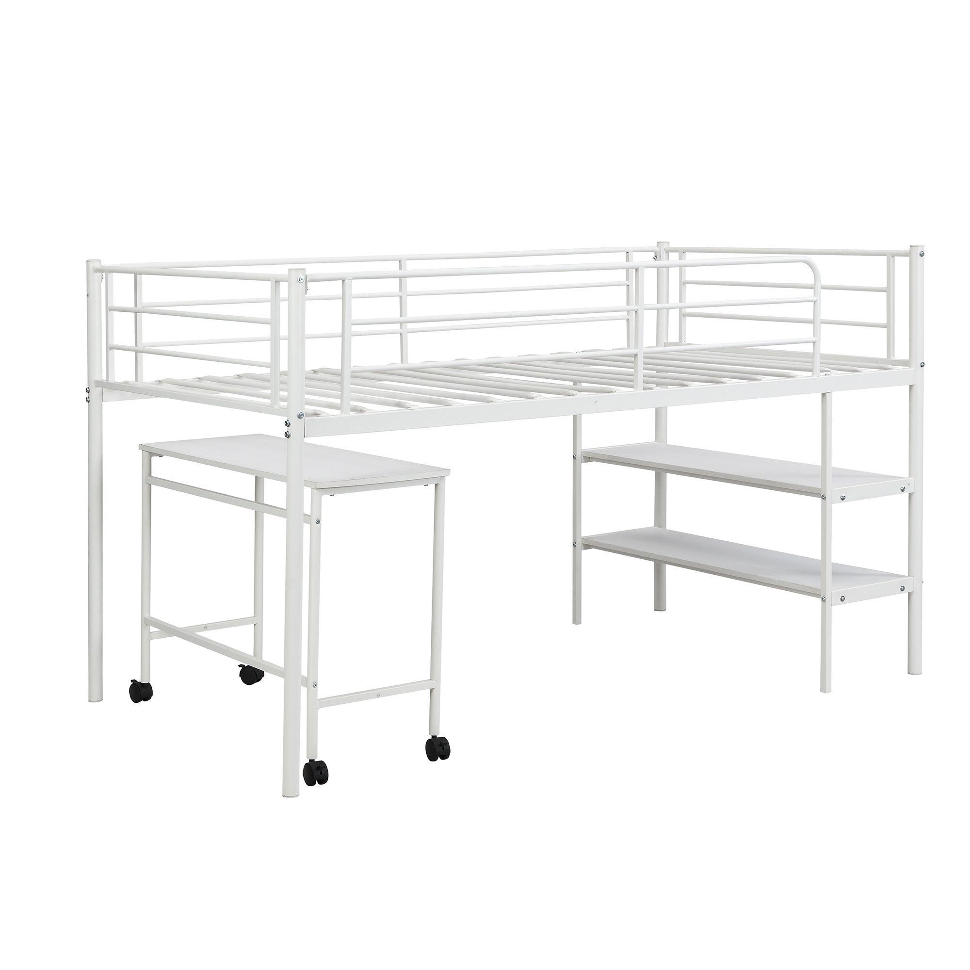 Mod White Twin Size Metal Loft Bed with Book Shelf and Roll Out Desk