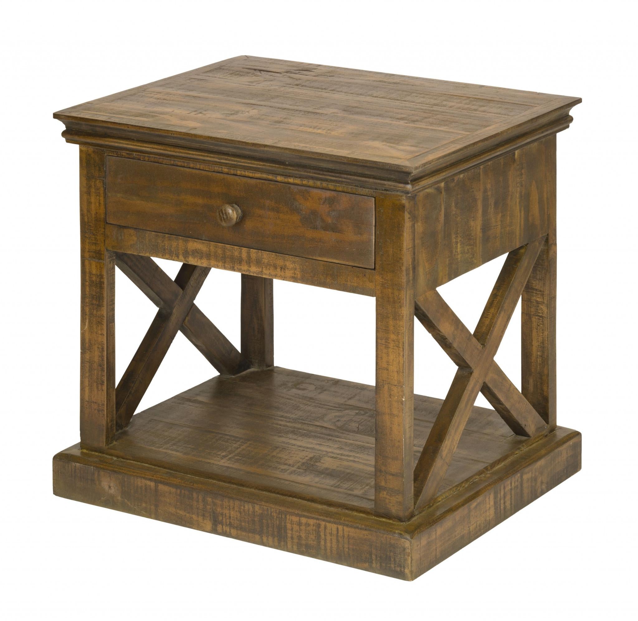 Rustic Maple Stain Wood Side Table with Drawer