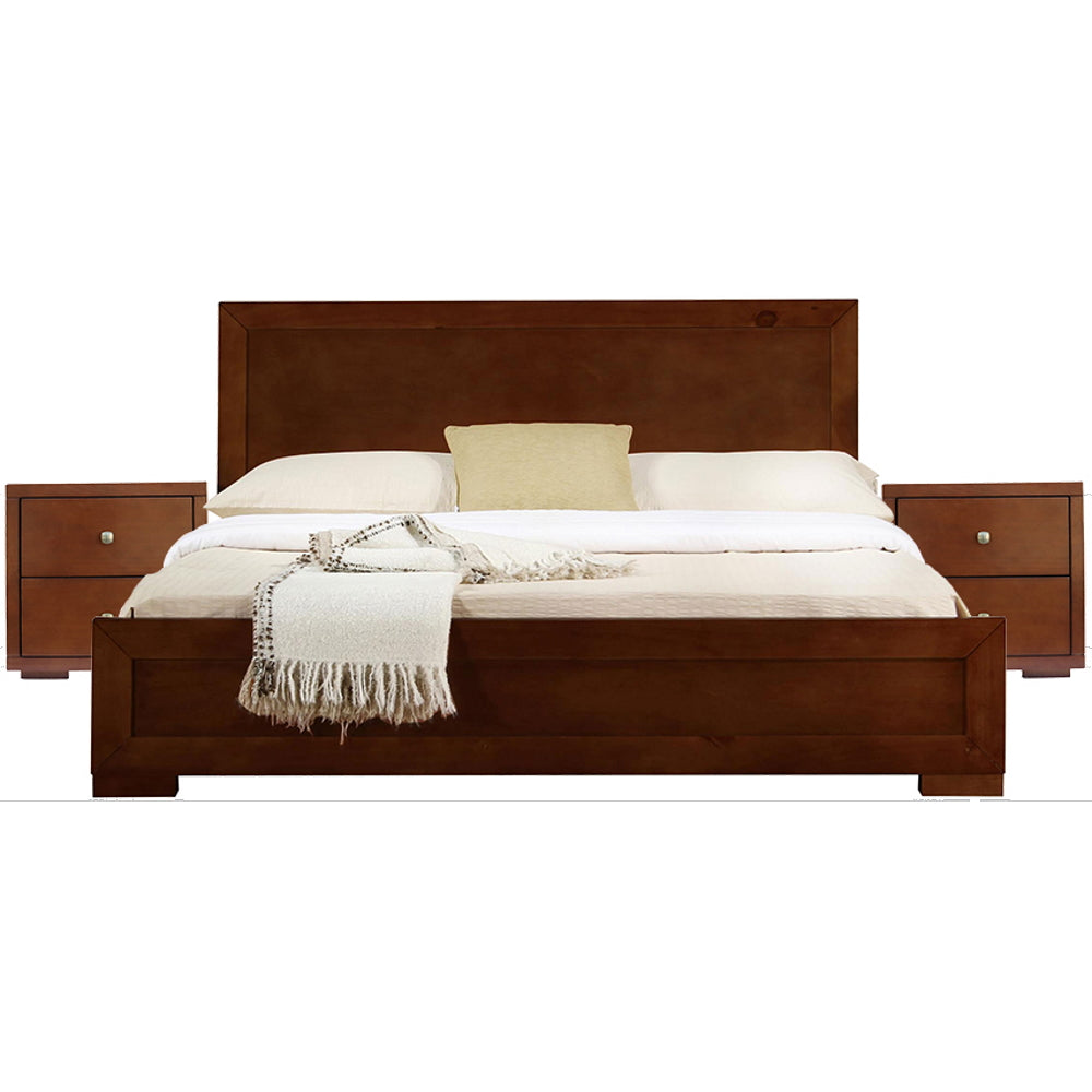 Moma Walnut Wood Platform King Bed With Two Nightstands