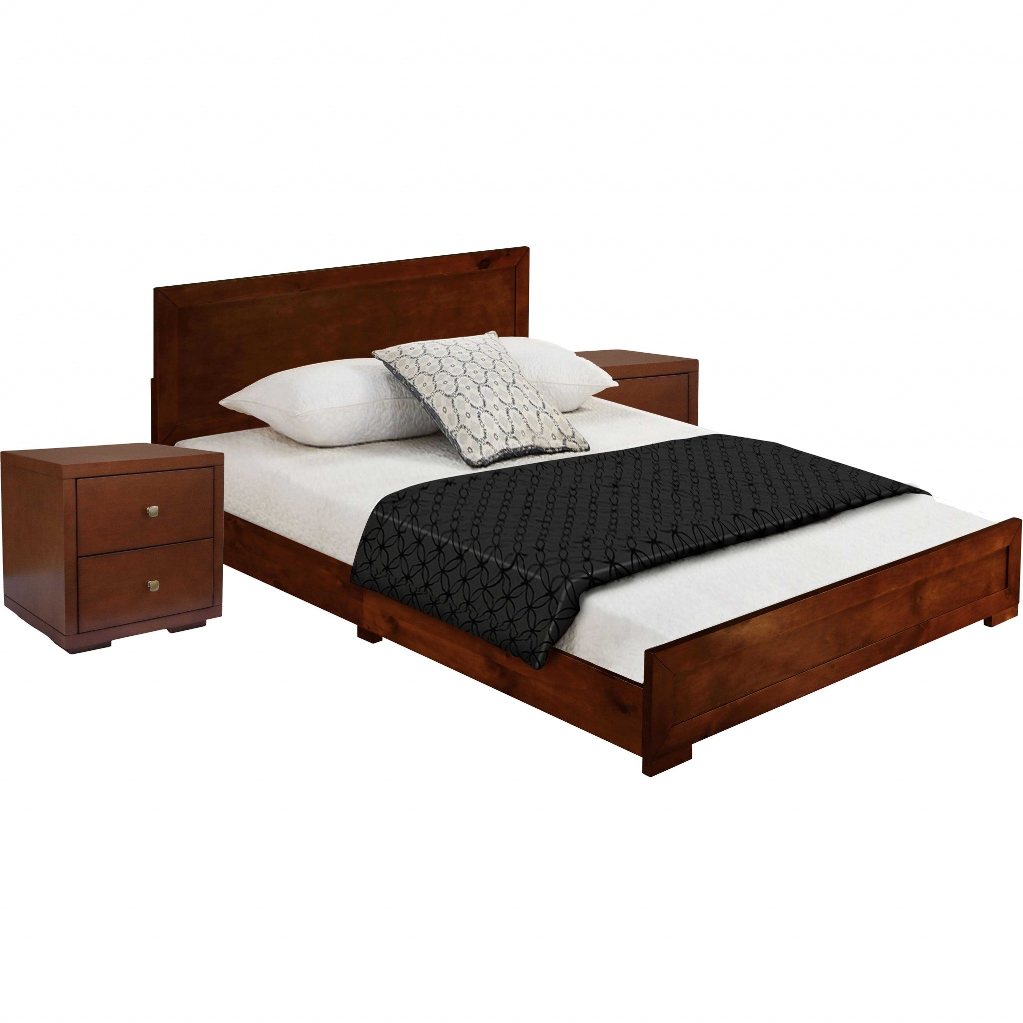 Moma Walnut Wood Platform King Bed With Two Nightstands