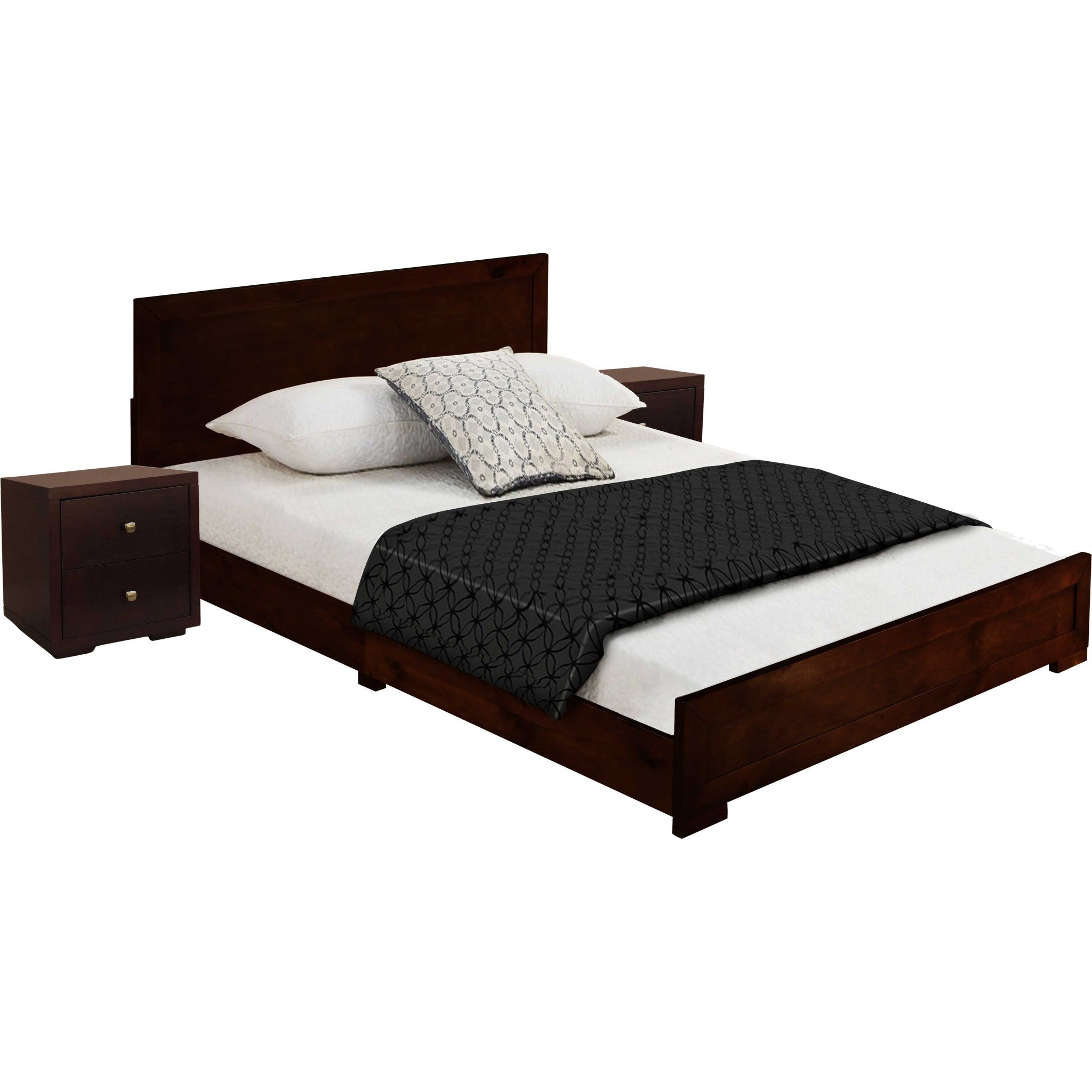 Moma Espresso Wood Platform King Bed With Two Nightstands