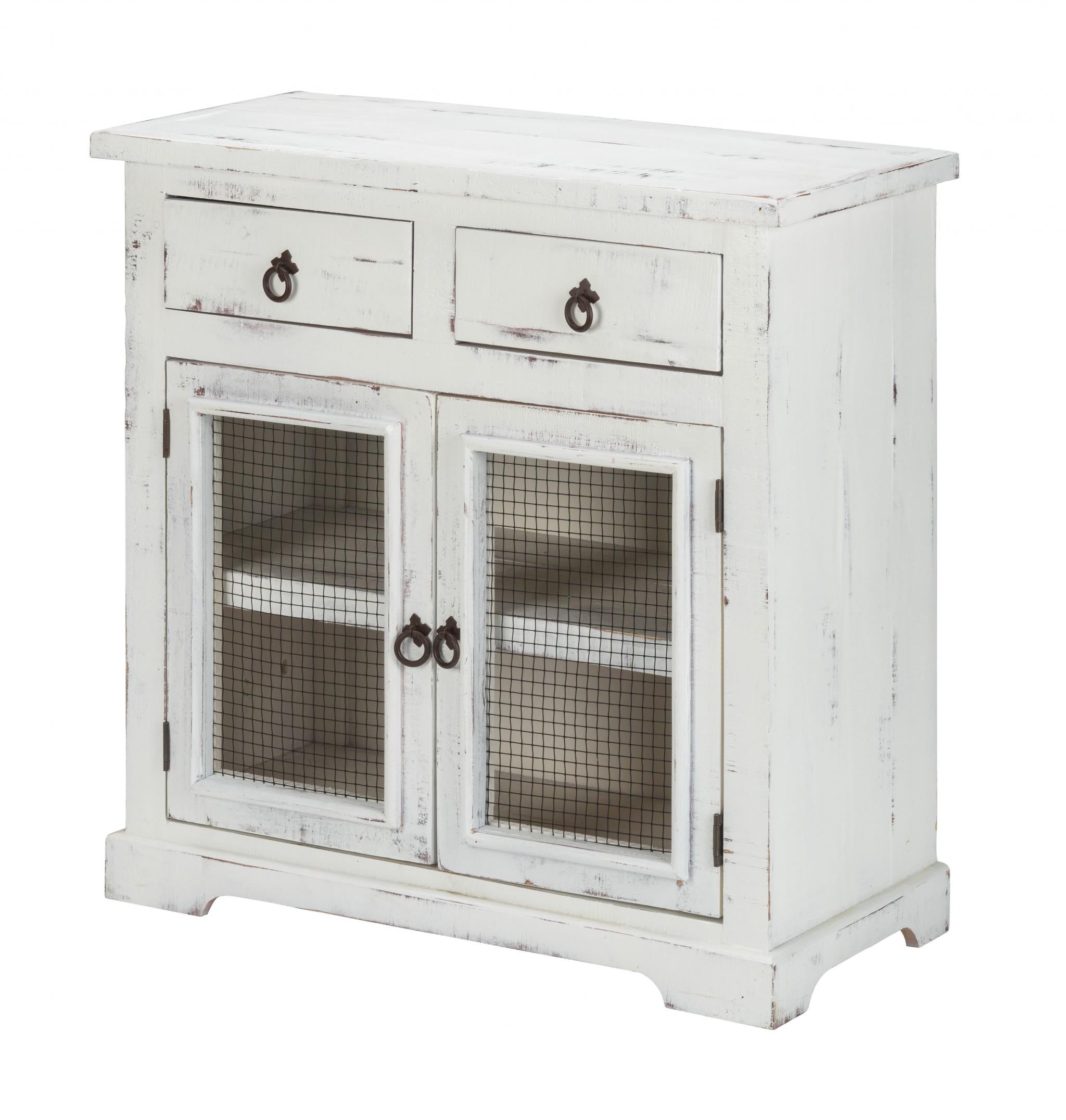 Rustic White Wood and Wire Two Door and Drawer Accent Cabinet