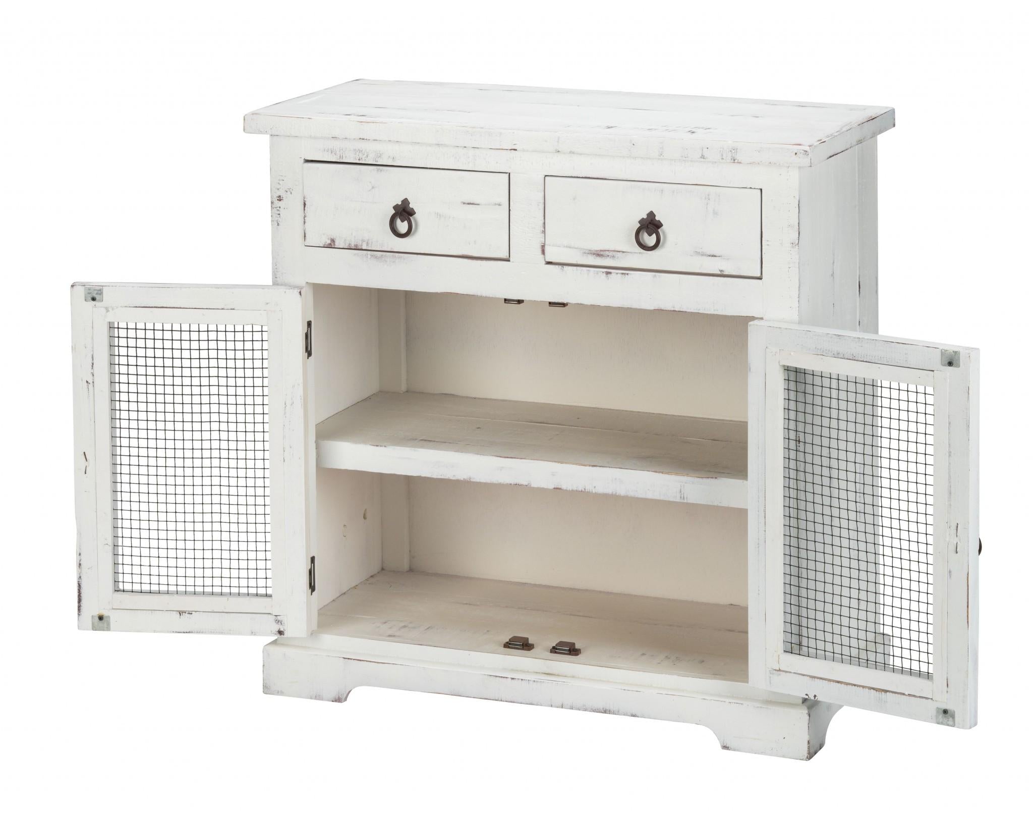 Rustic White Wood and Wire Two Door and Drawer Accent Cabinet