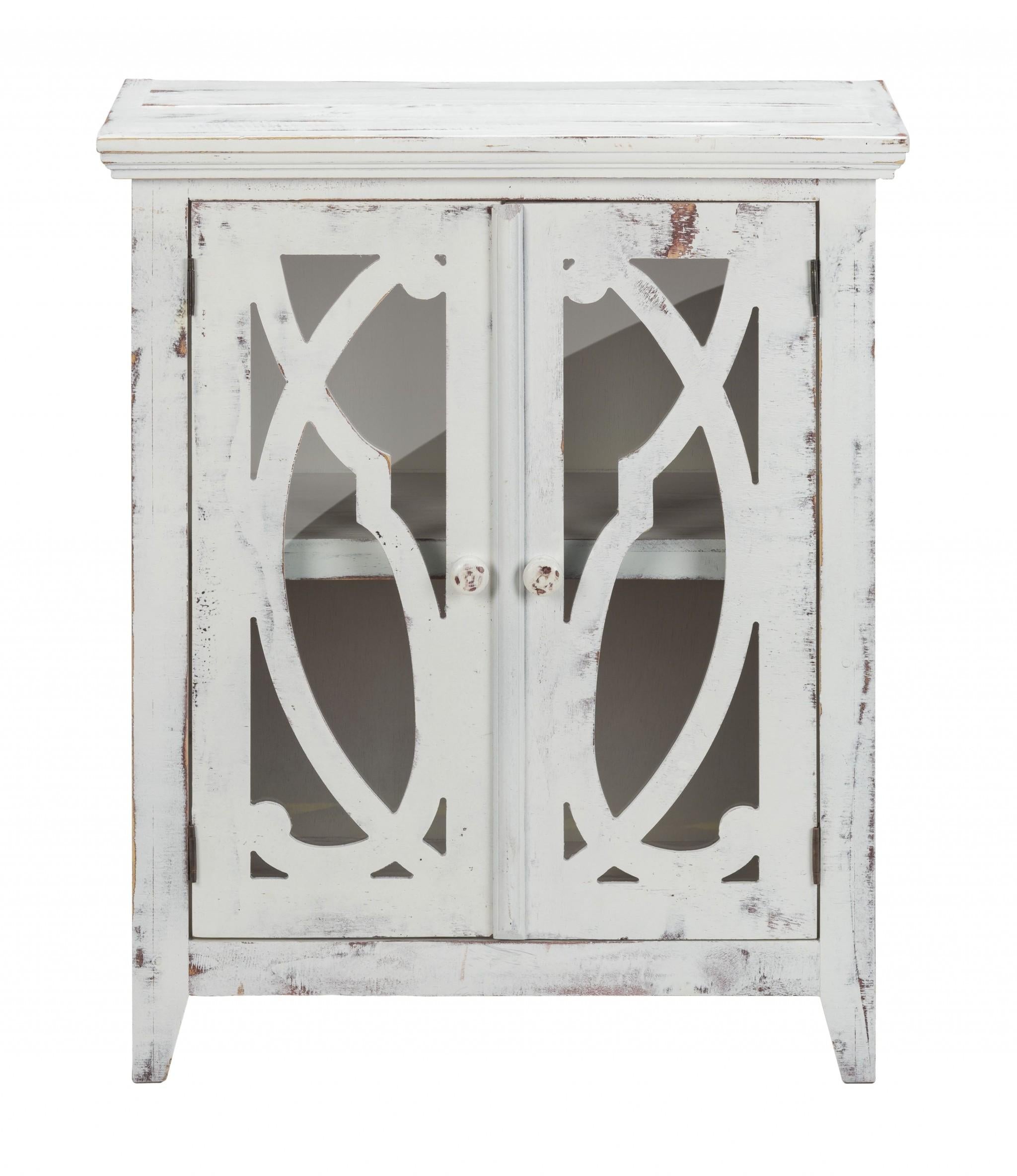 Rustic White Wood and Glass Scrollwork Accent Cabinet