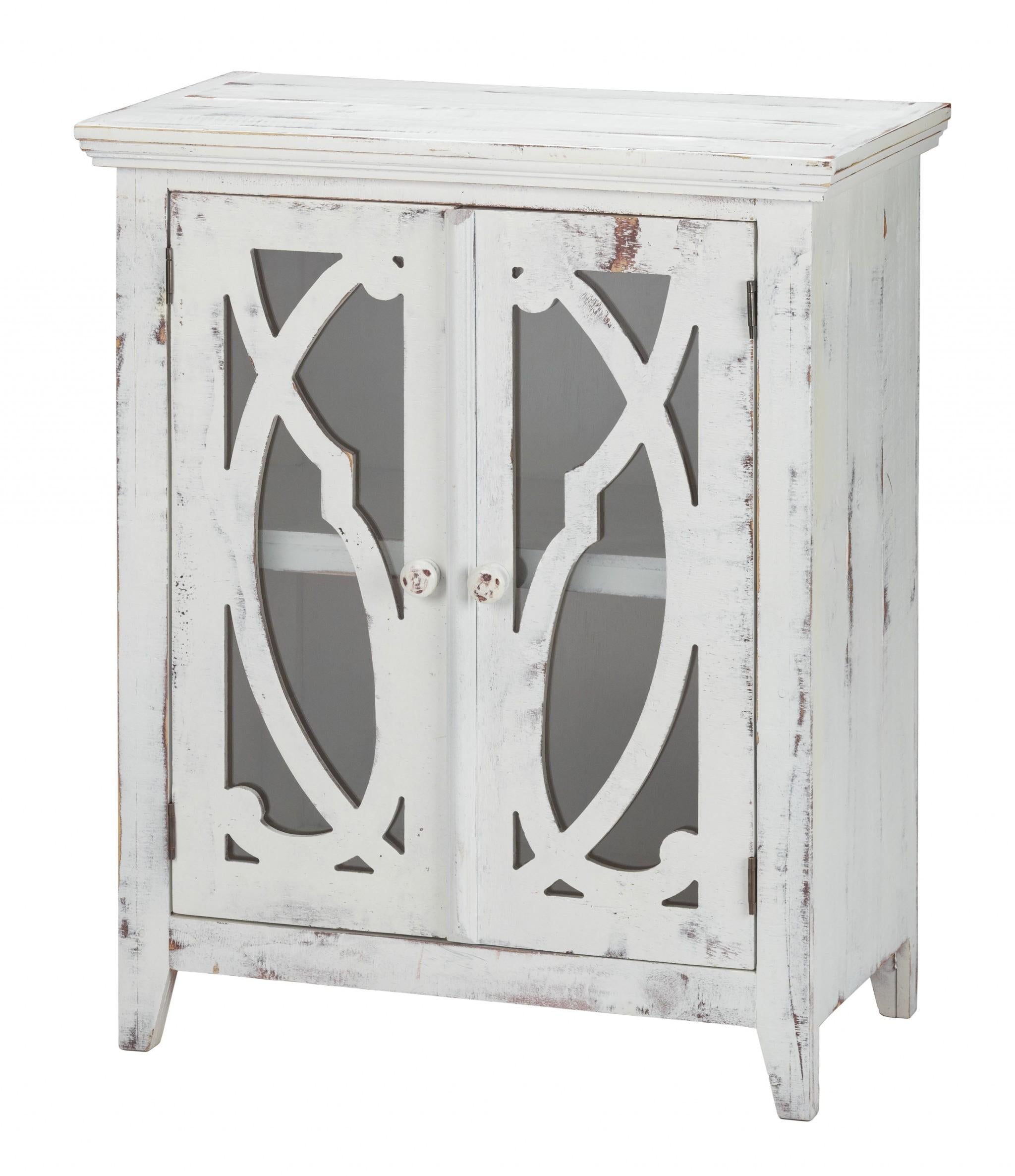 Rustic White Wood and Glass Scrollwork Accent Cabinet