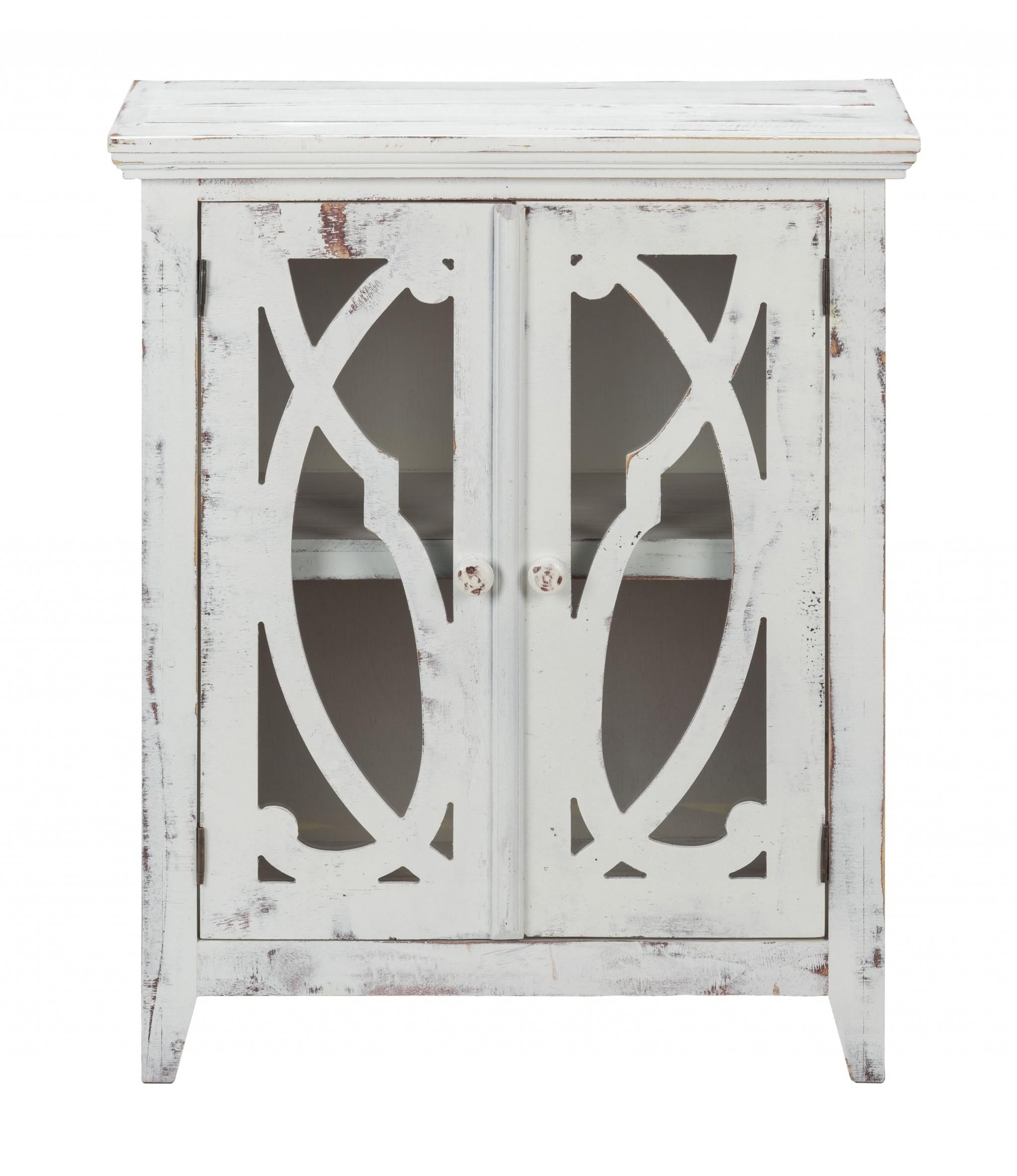 Rustic White Wood and Glass Scrollwork Accent Cabinet