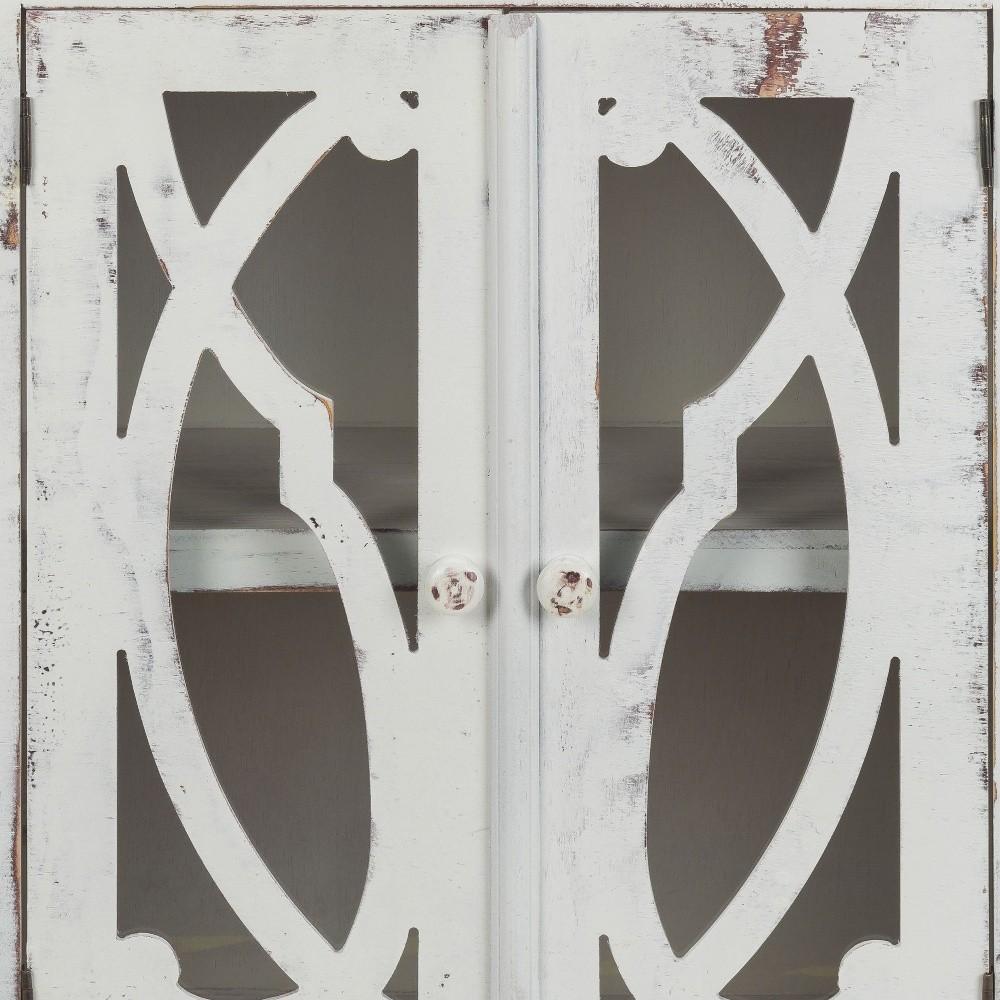 Rustic White Wood and Glass Scrollwork Accent Cabinet