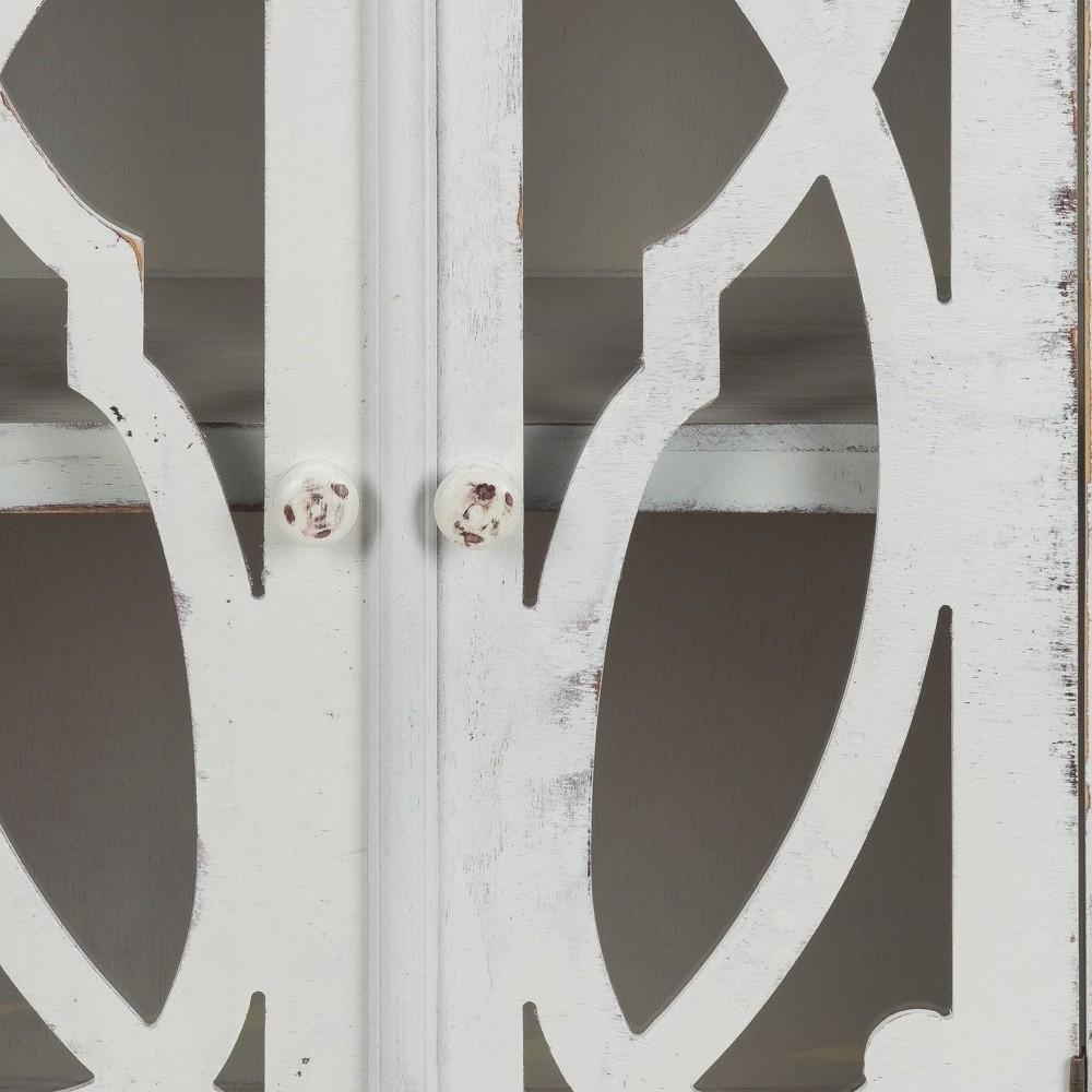 Rustic White Wood and Glass Scrollwork Accent Cabinet