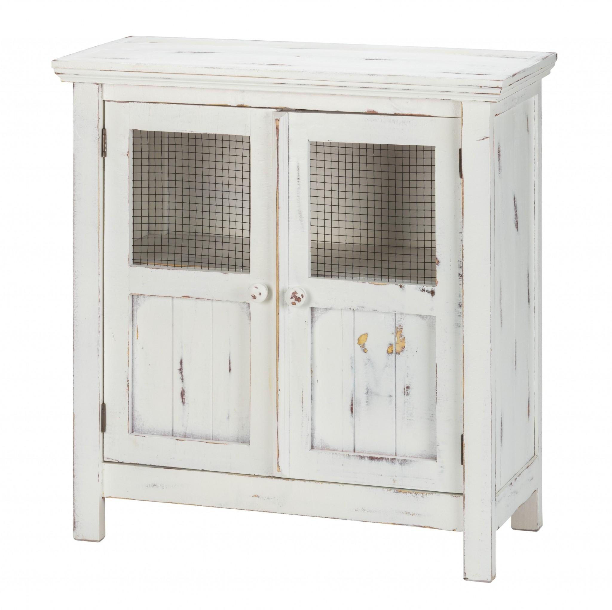 Rustic White Wood and Wire Two Door Accent Cabinet
