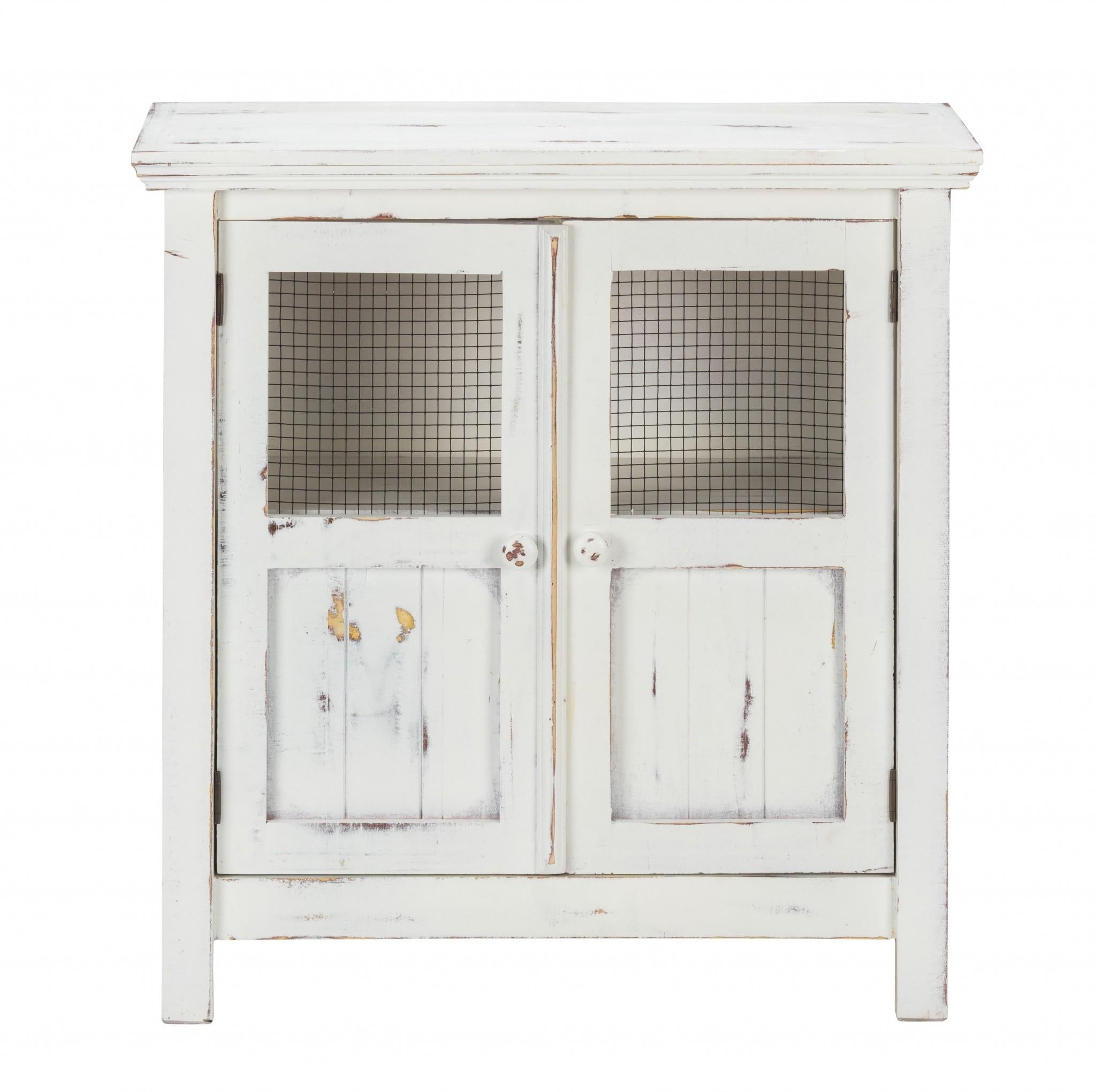 Rustic White Wood and Wire Two Door Accent Cabinet