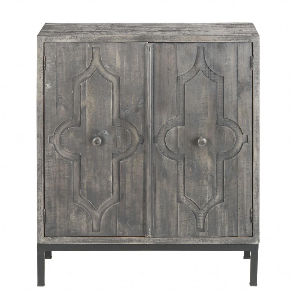 Rustic Gray Wash Scroll Wood Two Door Accent Cabinet