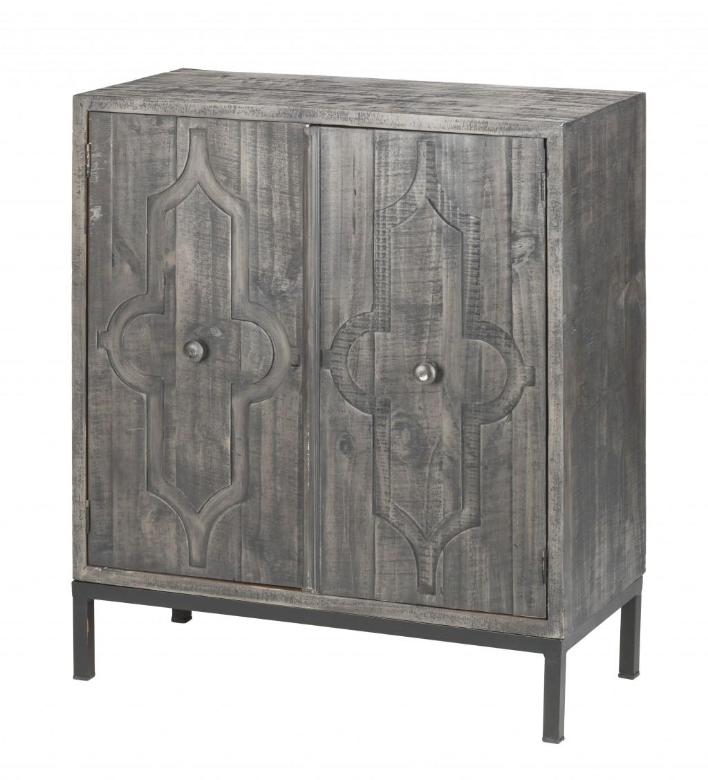 Rustic Gray Wash Scroll Wood Two Door Accent Cabinet