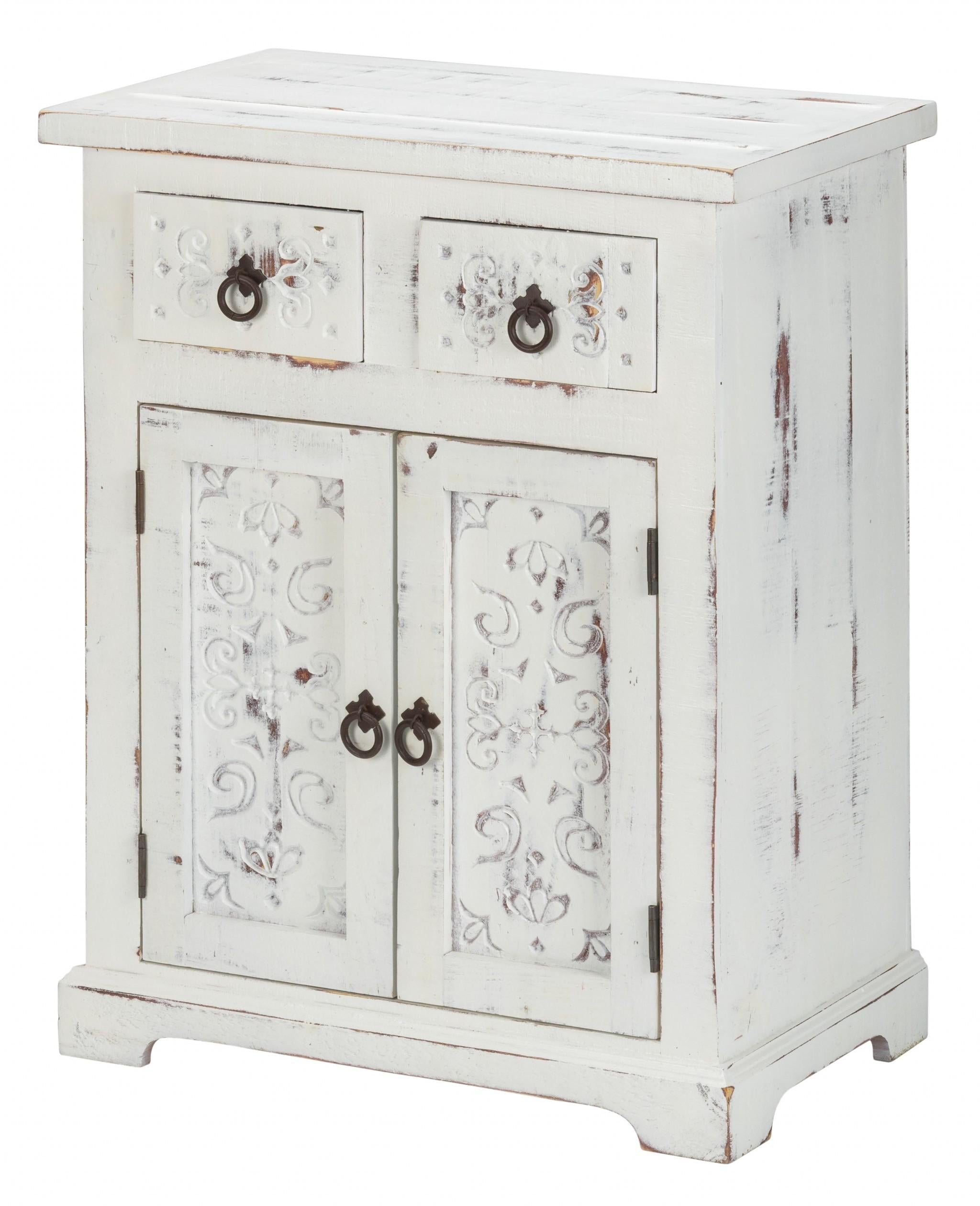 Distressed White Wooden Carved 2 Door and 2 Drawer Cabinet