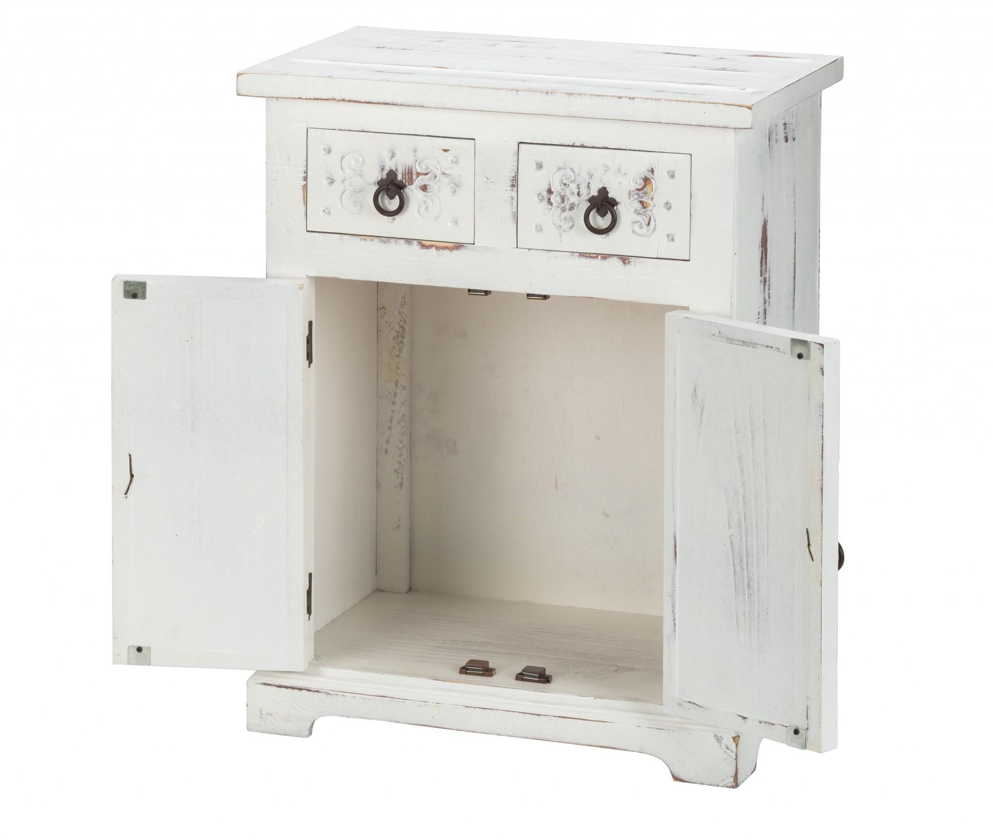 Distressed White Wooden Carved 2 Door and 2 Drawer Cabinet