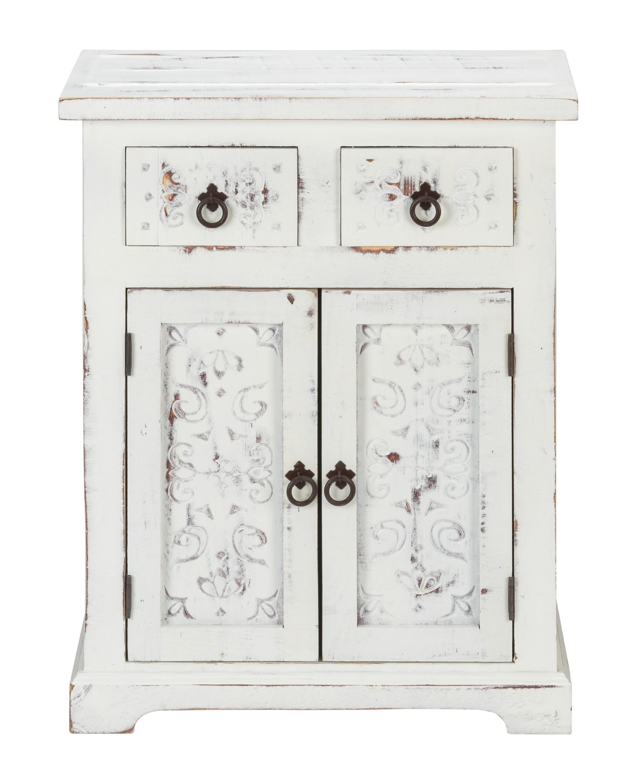 Distressed White Wooden Carved 2 Door and 2 Drawer Cabinet