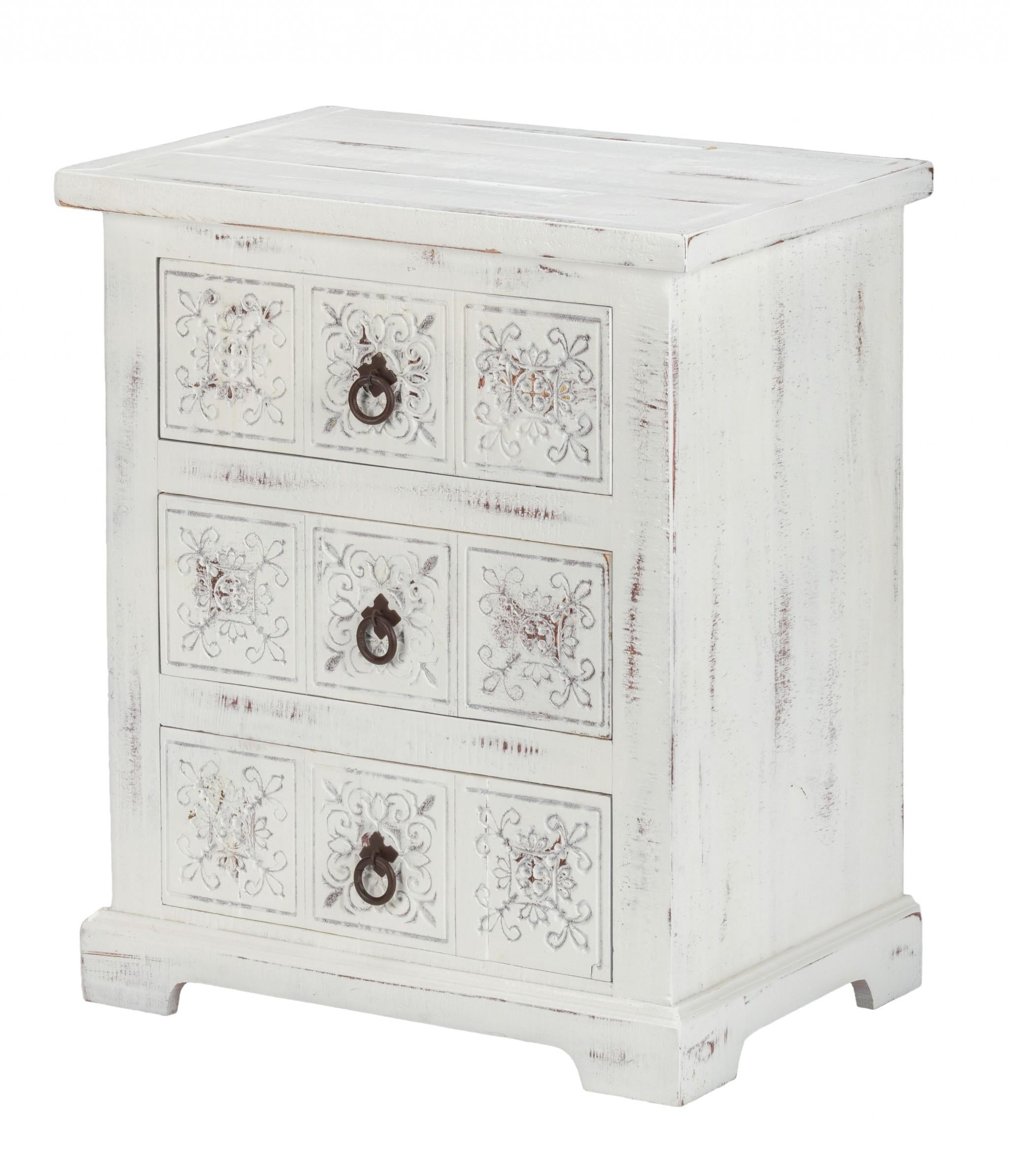 Distressed White Wooden Carved 3 Drawer Cabinet