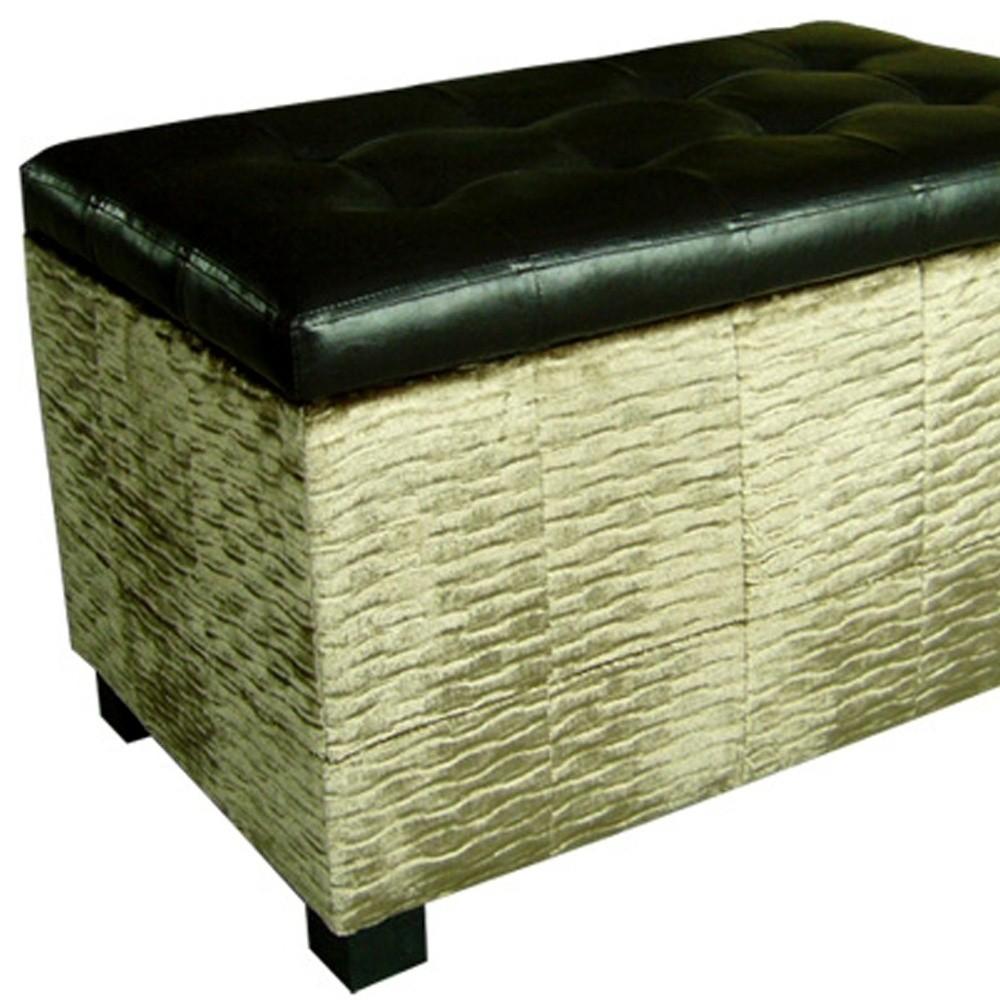 Wavy Beige Velvet and Black Faux Leather Storage Bench