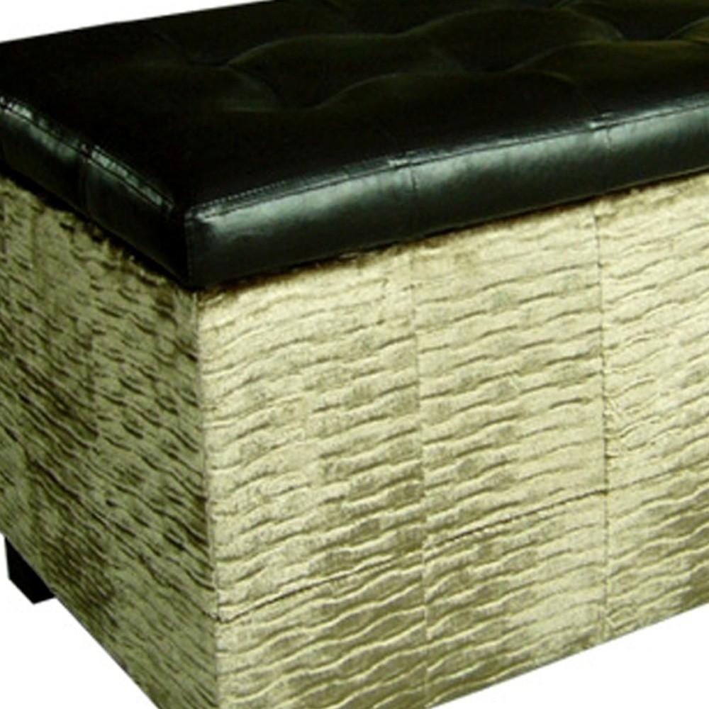 Wavy Beige Velvet and Black Faux Leather Storage Bench