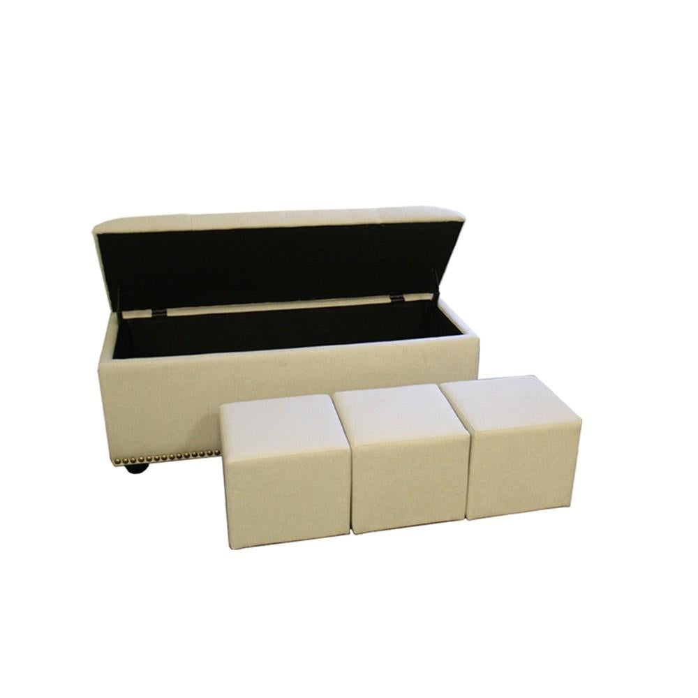 Beige Nailhead Storage Bench Ottoman Four Piece Set