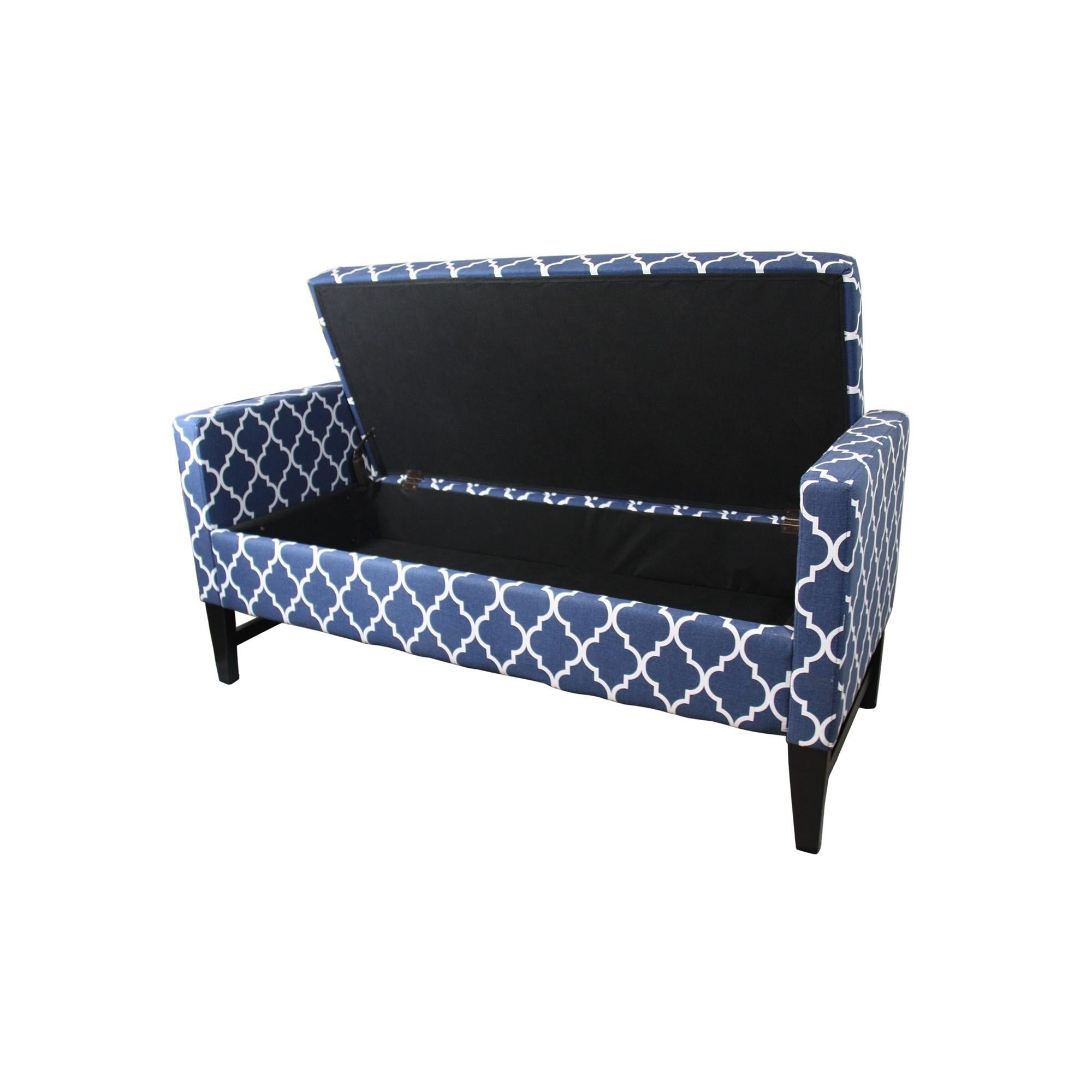 Blue and White Quatrefoil Dark Wood Storage Bench