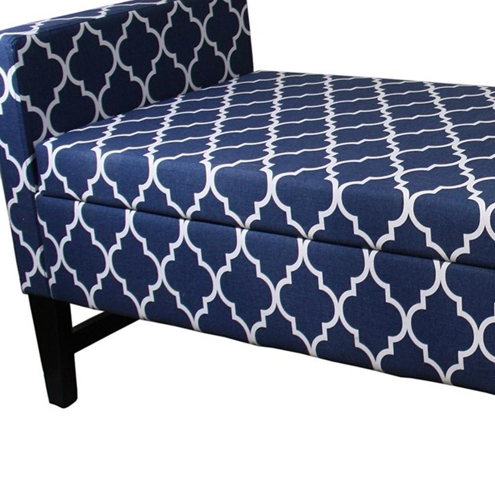 Blue and White Quatrefoil Dark Wood Storage Bench