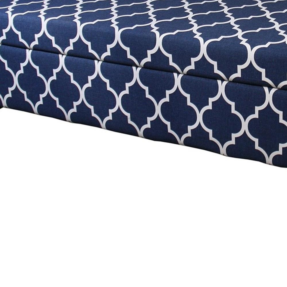 Blue and White Quatrefoil Dark Wood Storage Bench