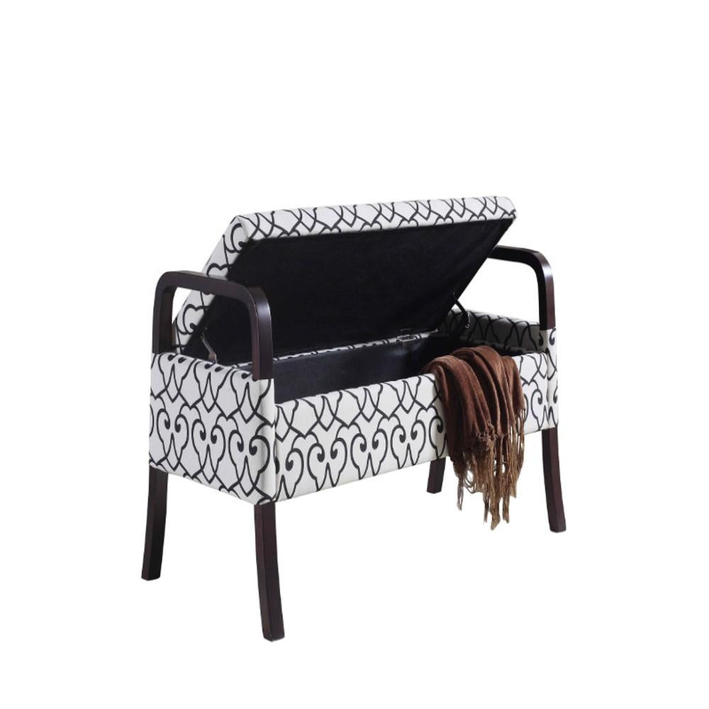 Black and White Scroll Wooden Storage Bench with Handles