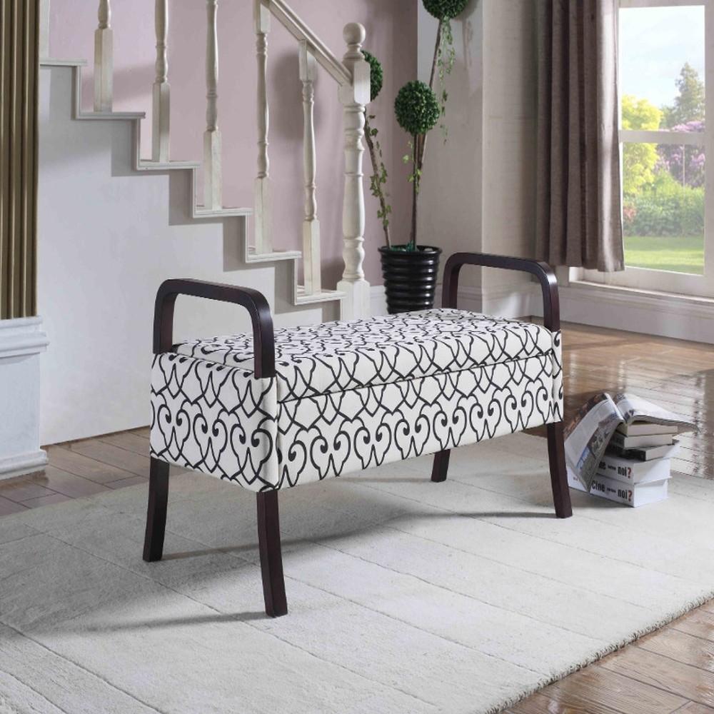 Black and White Scroll Wooden Storage Bench with Handles