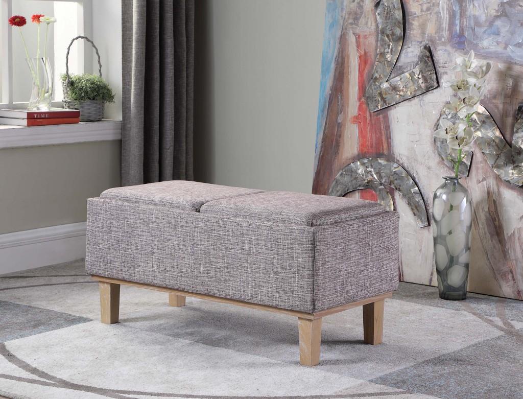 Gray Linen Look and Natural Storage Bench with Tray