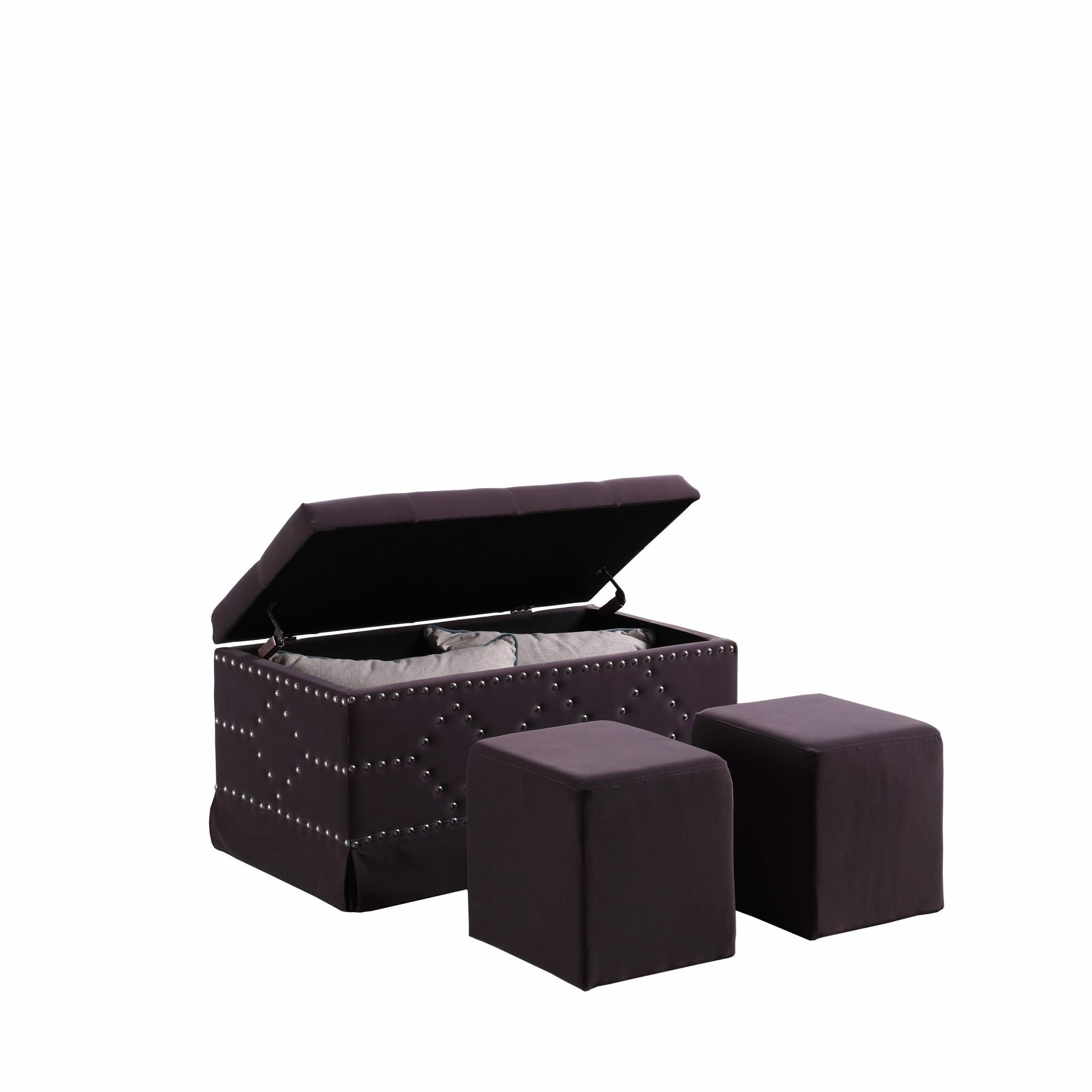 Dark Gray Velvet Nailhead Storage Bench with Ottomans