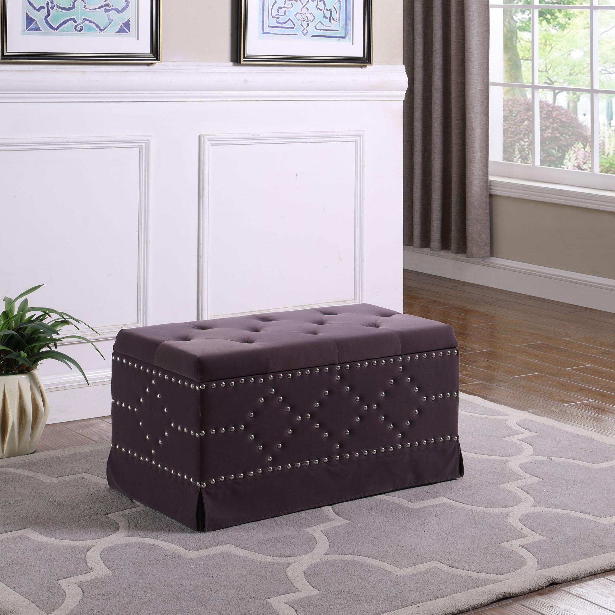 Dark Gray Velvet Nailhead Storage Bench with Ottomans