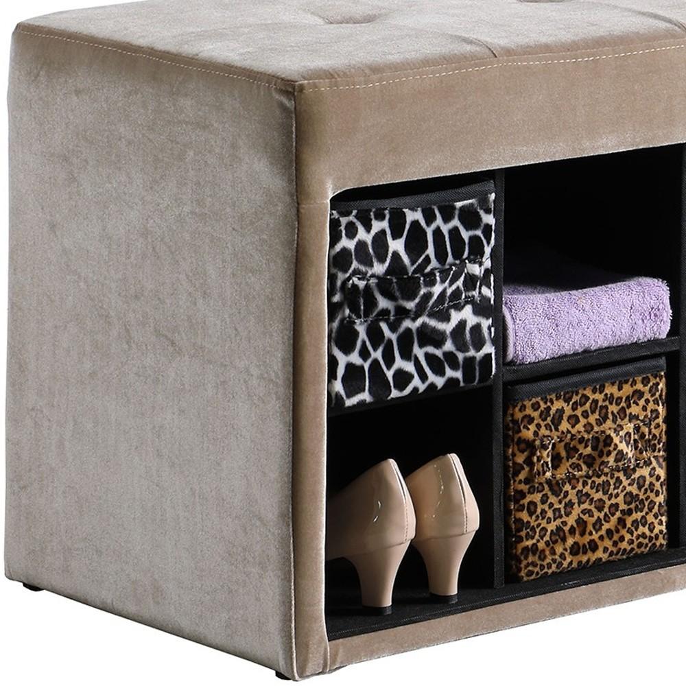 Beige Velour Storage Bench with Exotic Animal Print Baskets