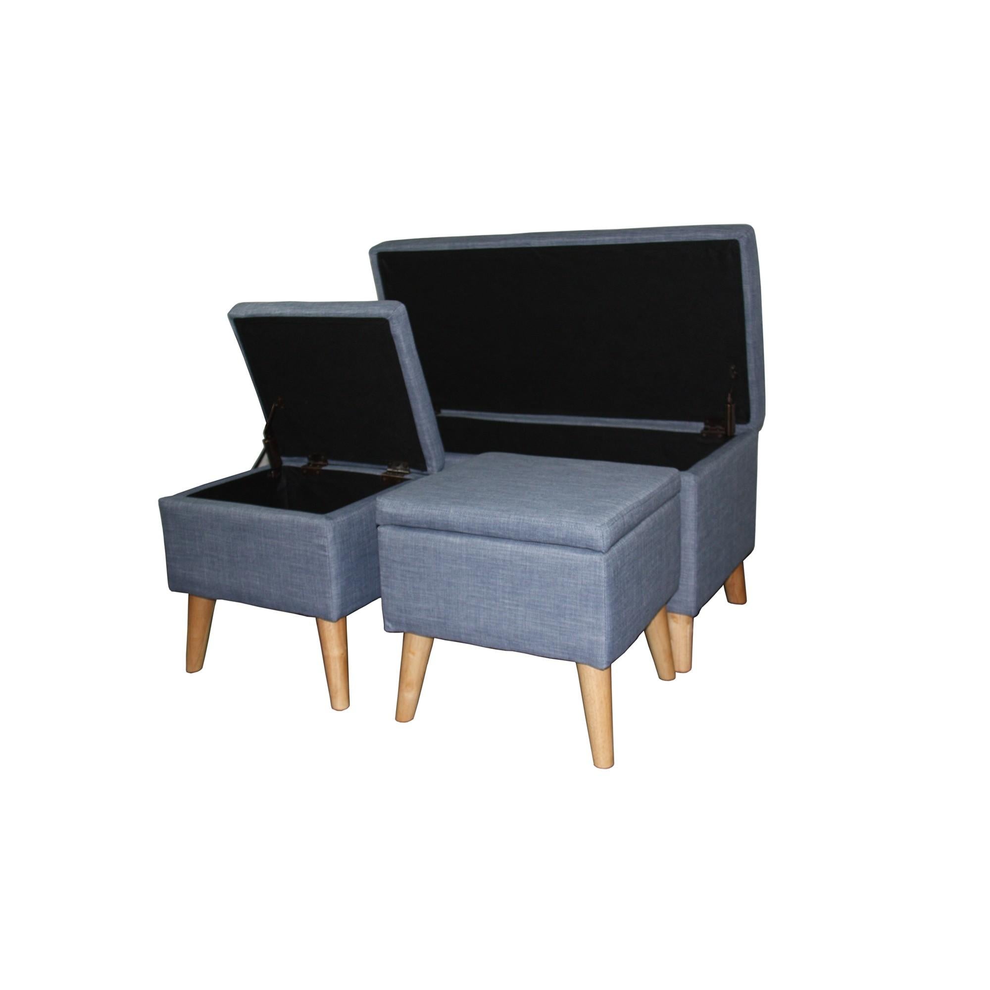 Blue Linen Look Storage Bench and Ottoman Three Piece Set