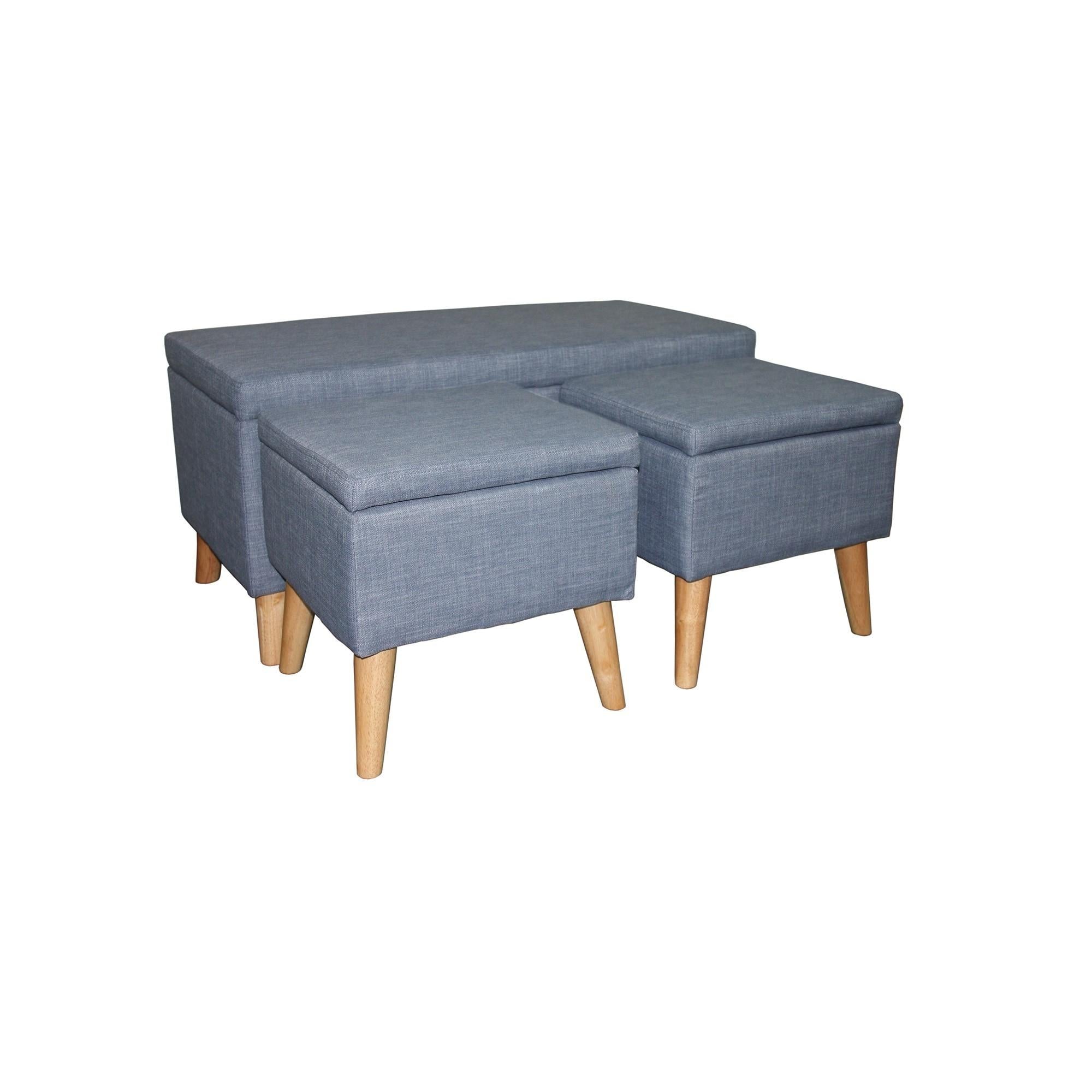 Blue Linen Look Storage Bench and Ottoman Three Piece Set