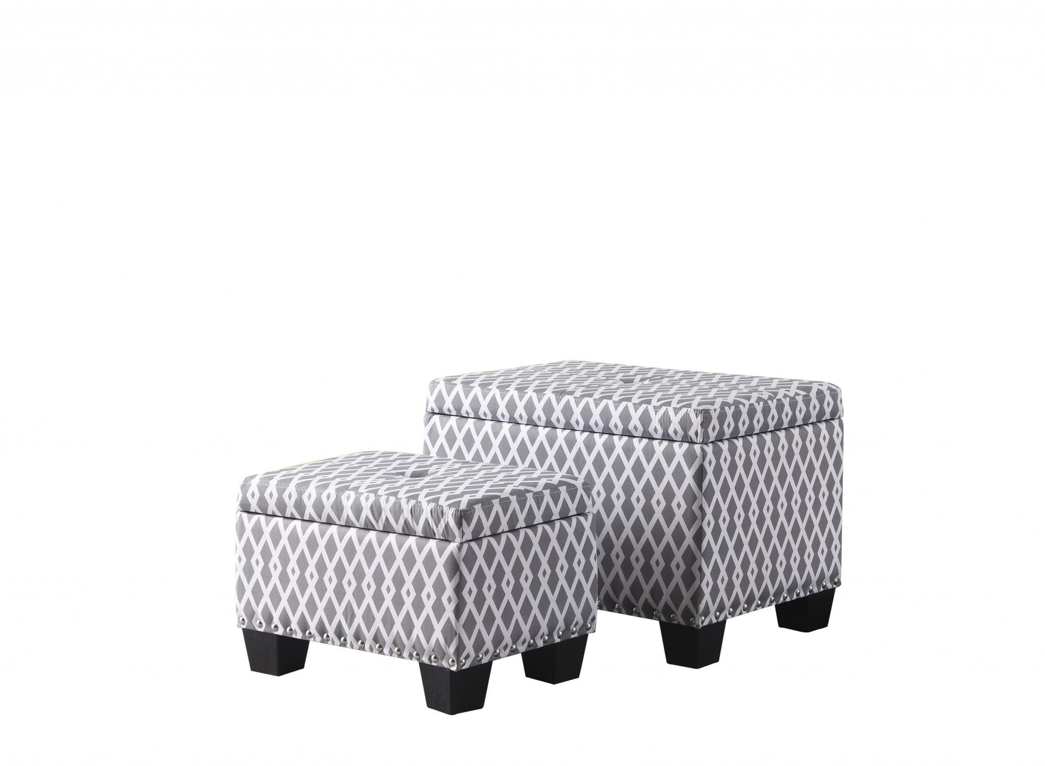 Set of Two Gray and White Diamonds Storage Ottomans