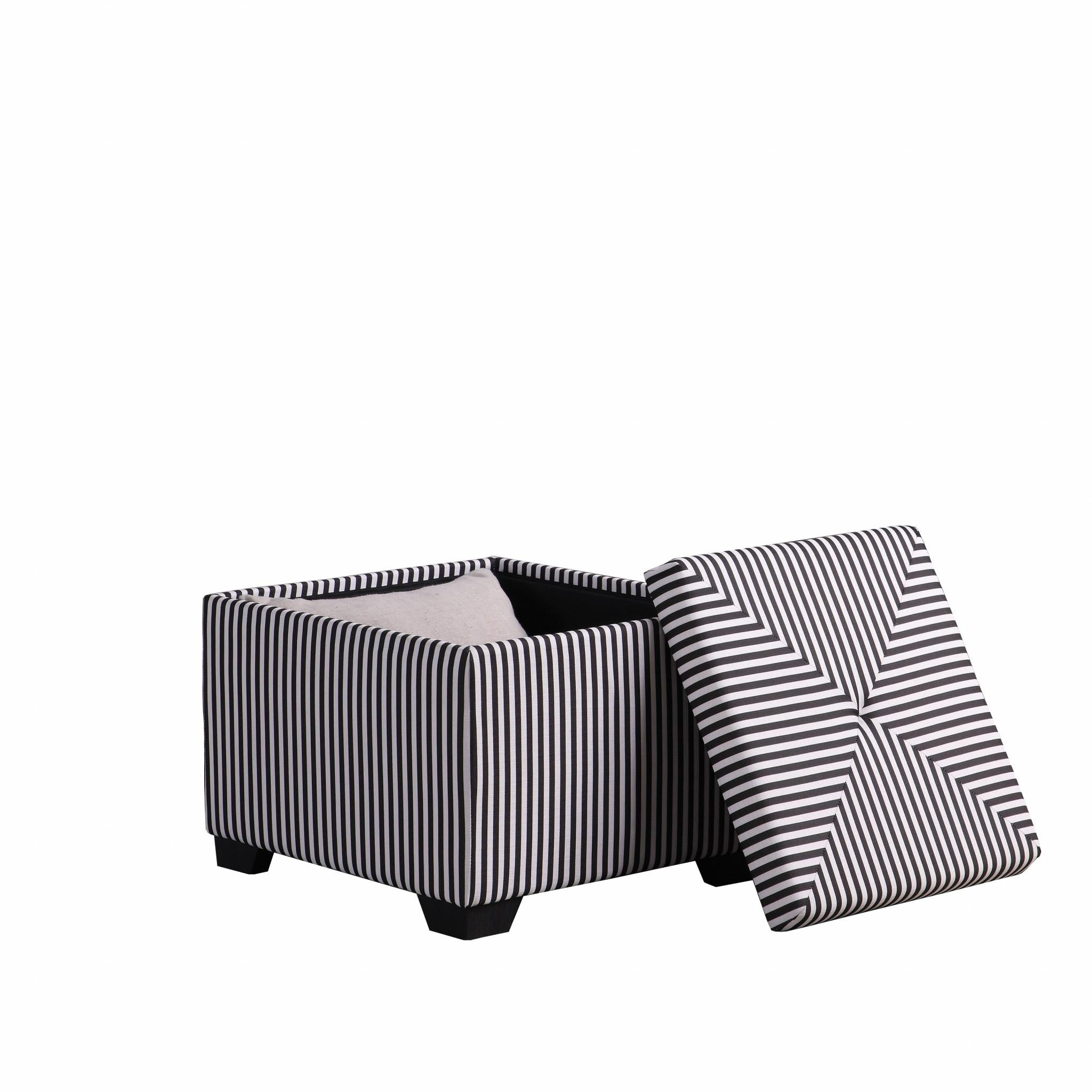 Black and White Pinstripes Tufted Storage Ottoman