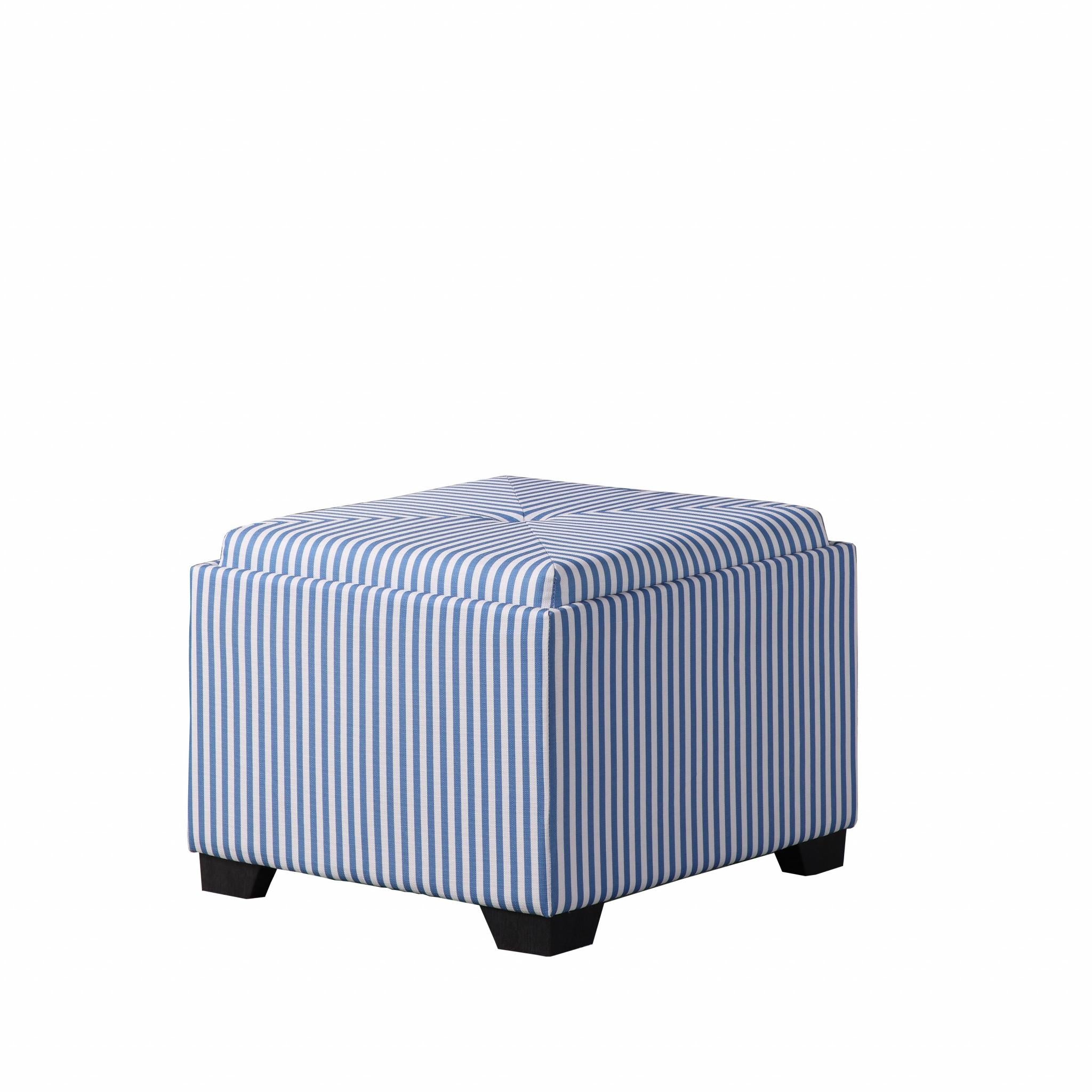 Blue and White Pinstripes Tufted Storage Ottoman