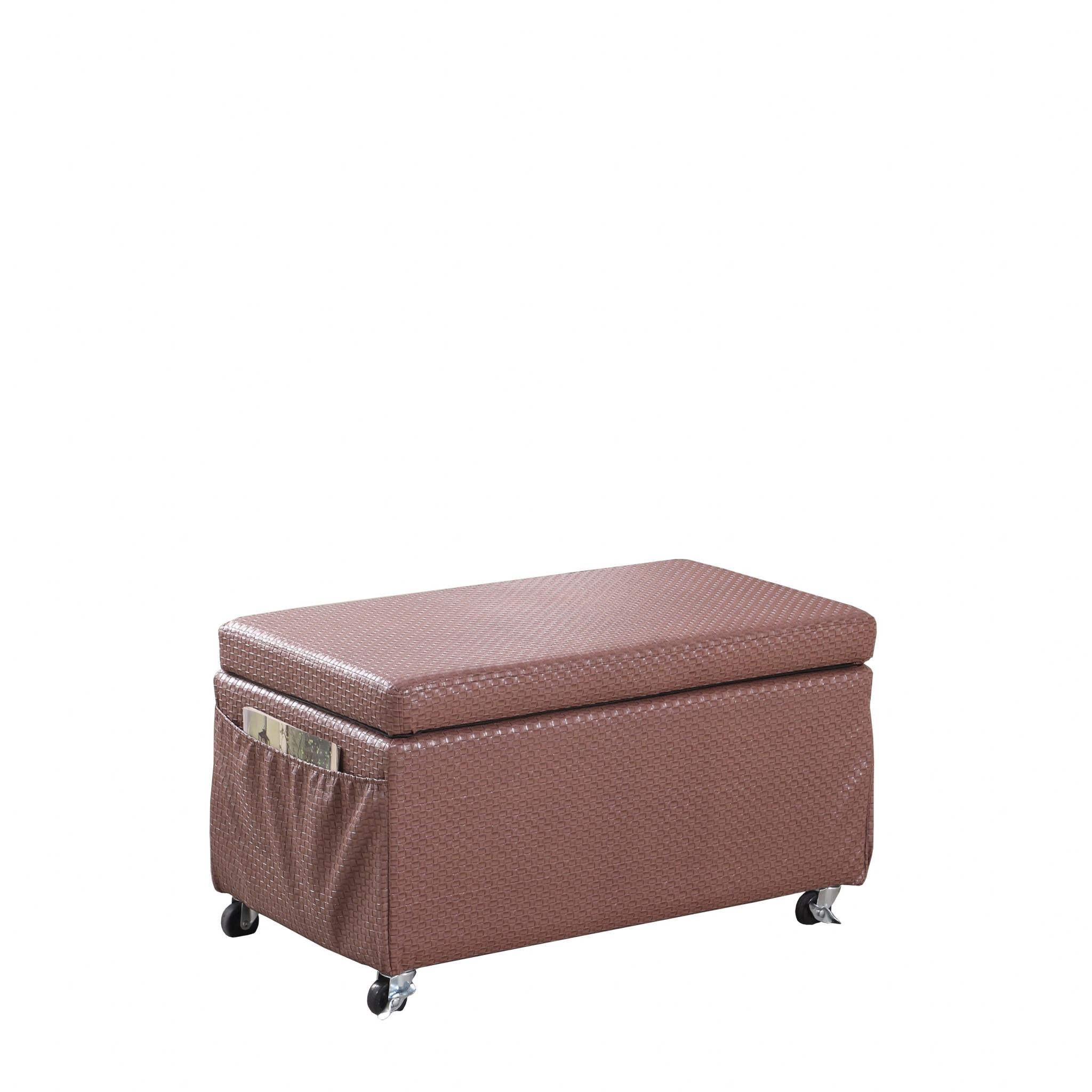 Brown Weave Faux Leather Rolling Storage Ottoman with Pockets