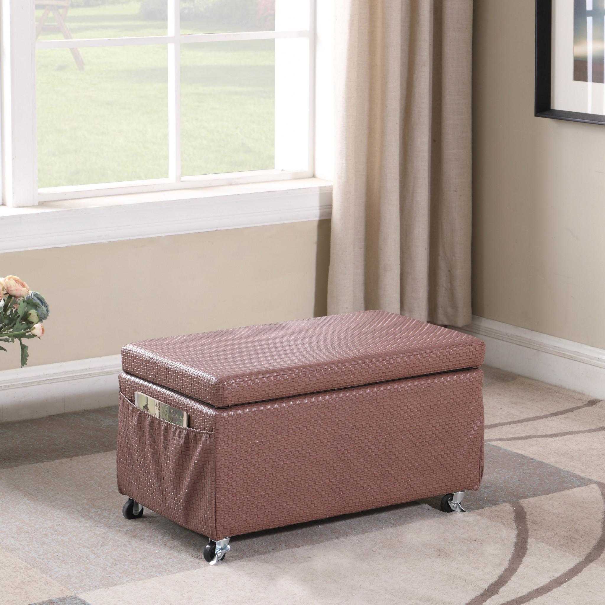 Brown Weave Faux Leather Rolling Storage Ottoman with Pockets