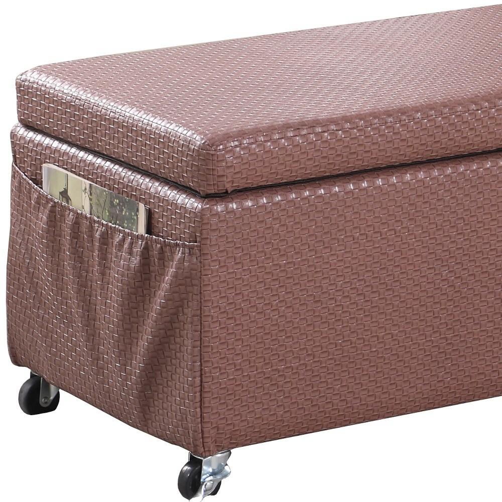 Brown Weave Faux Leather Rolling Storage Ottoman with Pockets