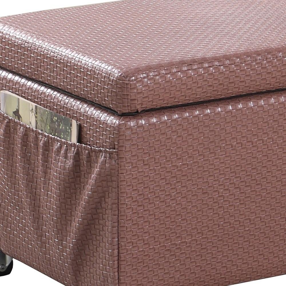 Brown Weave Faux Leather Rolling Storage Ottoman with Pockets