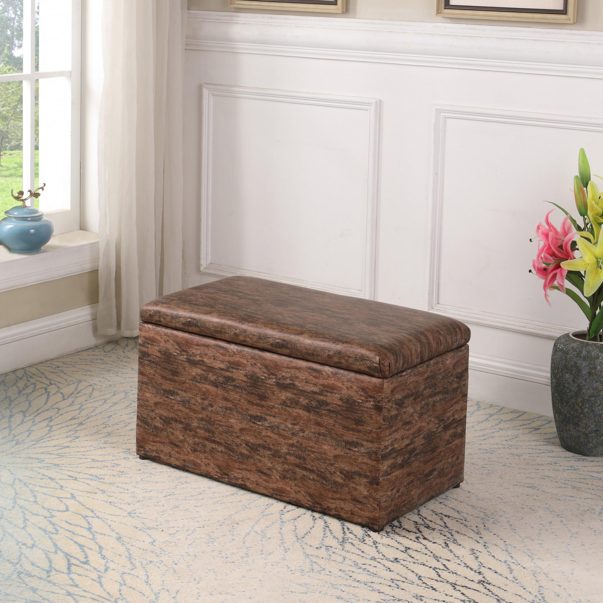 Dark Brown Wood Grain Faux Leather Storage Bench and Ottoman