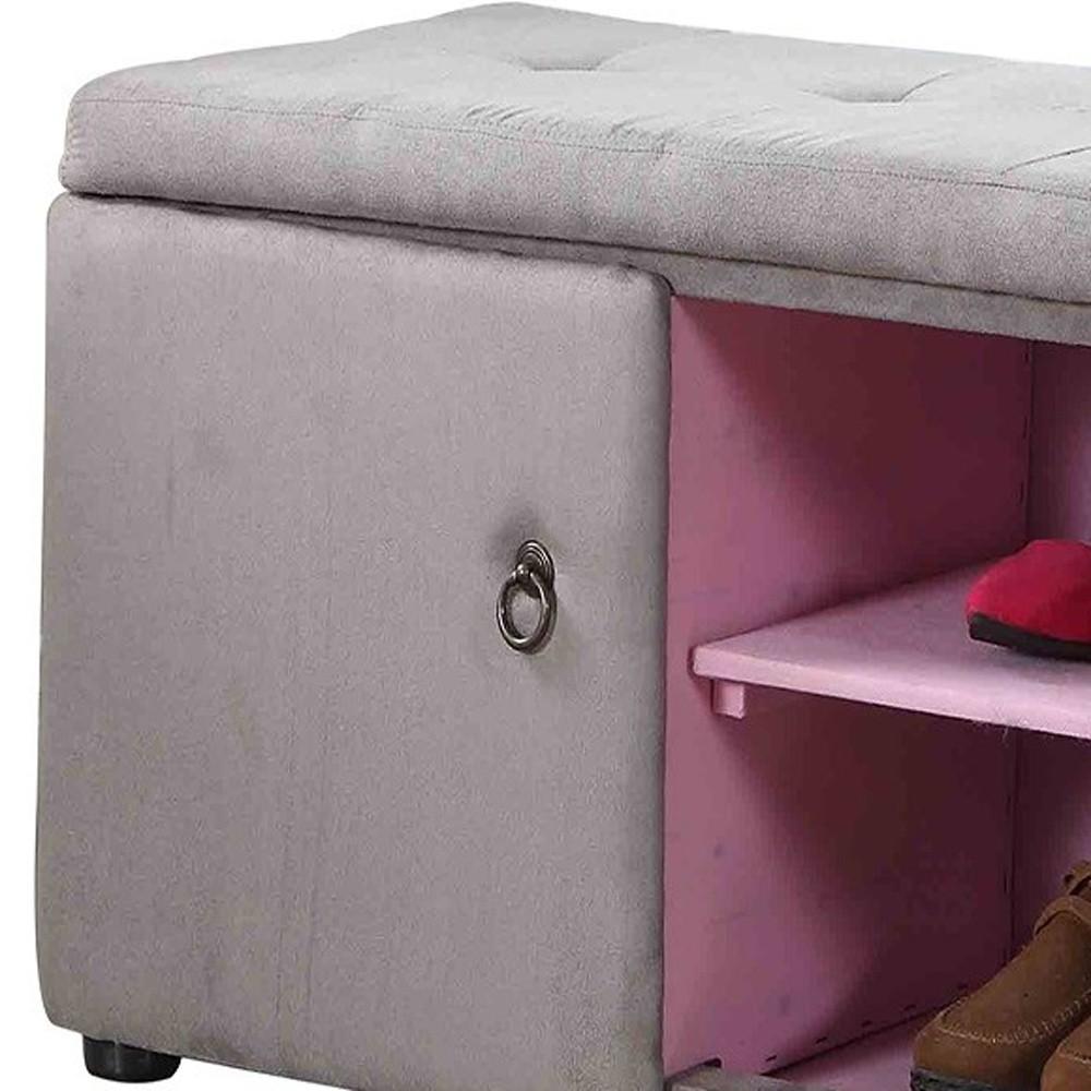 Light Gray and Pink Tufted Shoe Storage Bench