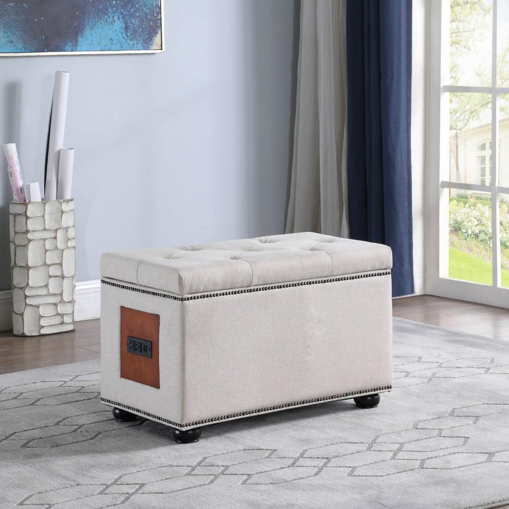 Natural Tufted Storage Ottoman with Charging Station