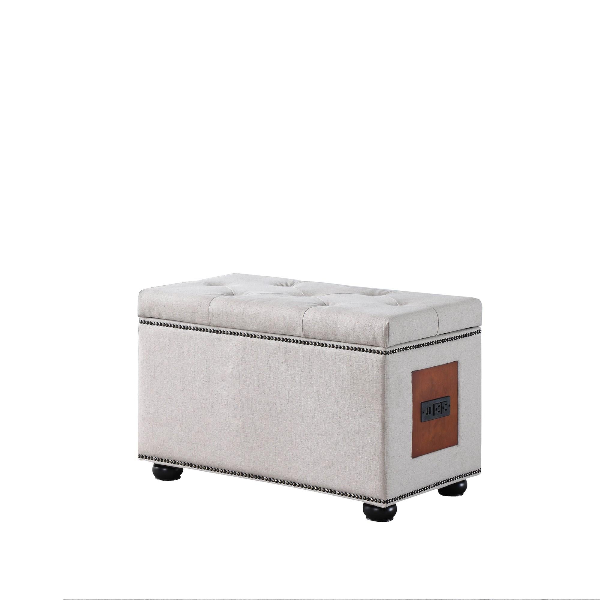 Natural Tufted Storage Ottoman with Charging Station