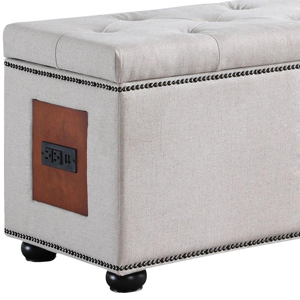 Natural Tufted Storage Ottoman with Charging Station