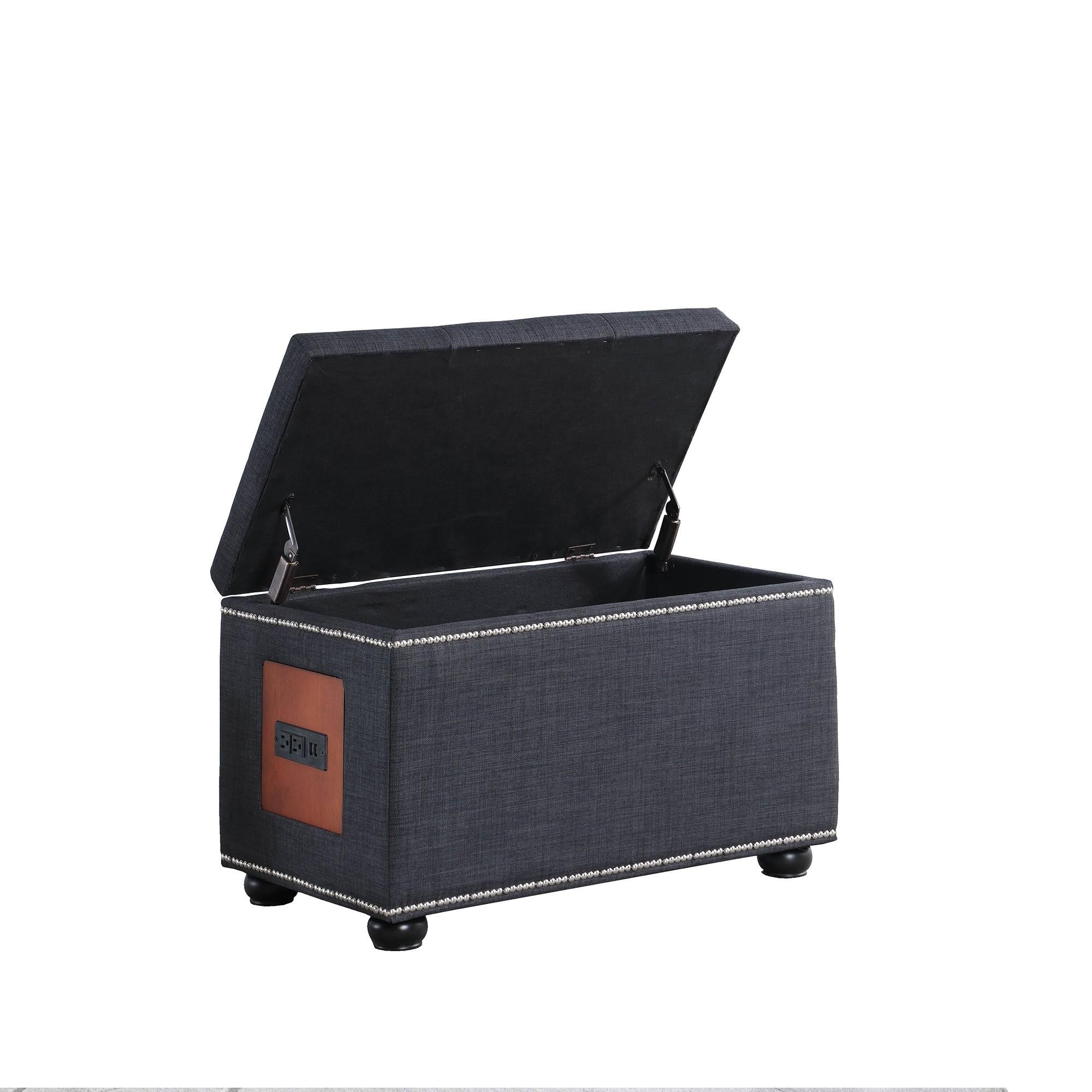 Charcoal Gray Tufted Storage Ottoman with Charging Station